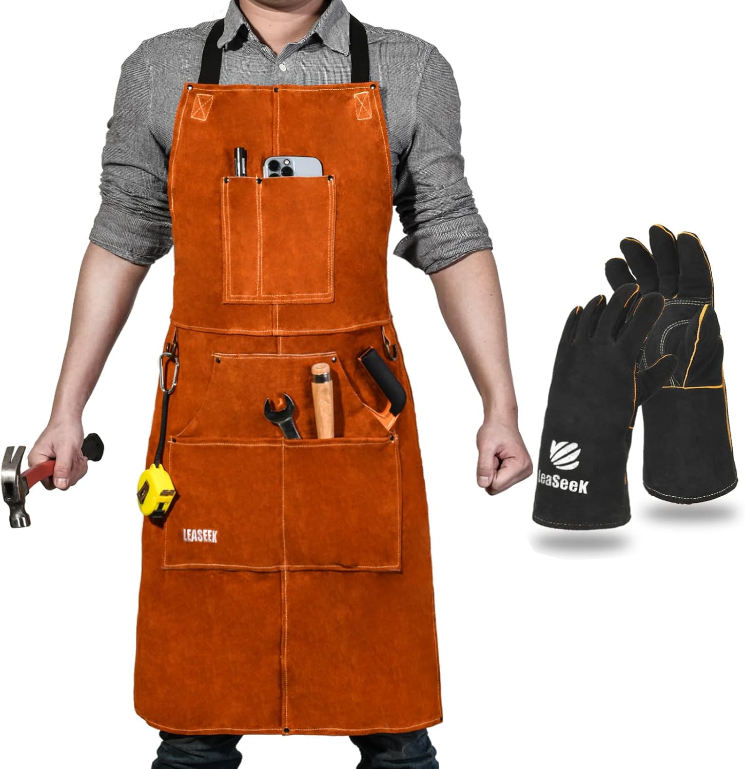 Schweißerschürze Aus Leder – 1-teilig – Dickes Rindsleder – Flammschutz Und 6 Taschen – Werkstatt, Küche, Gartenarbeit – Größen M Bis Xxl