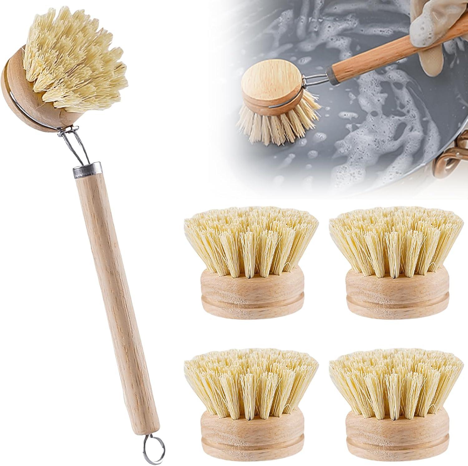 Spülbürste Aus Holz – 4er-set – Buche Und Naturfasern – Austauschbarer Bürstenkopf – Umweltfreundliche Und Nachhaltige Küche – 14 Cm