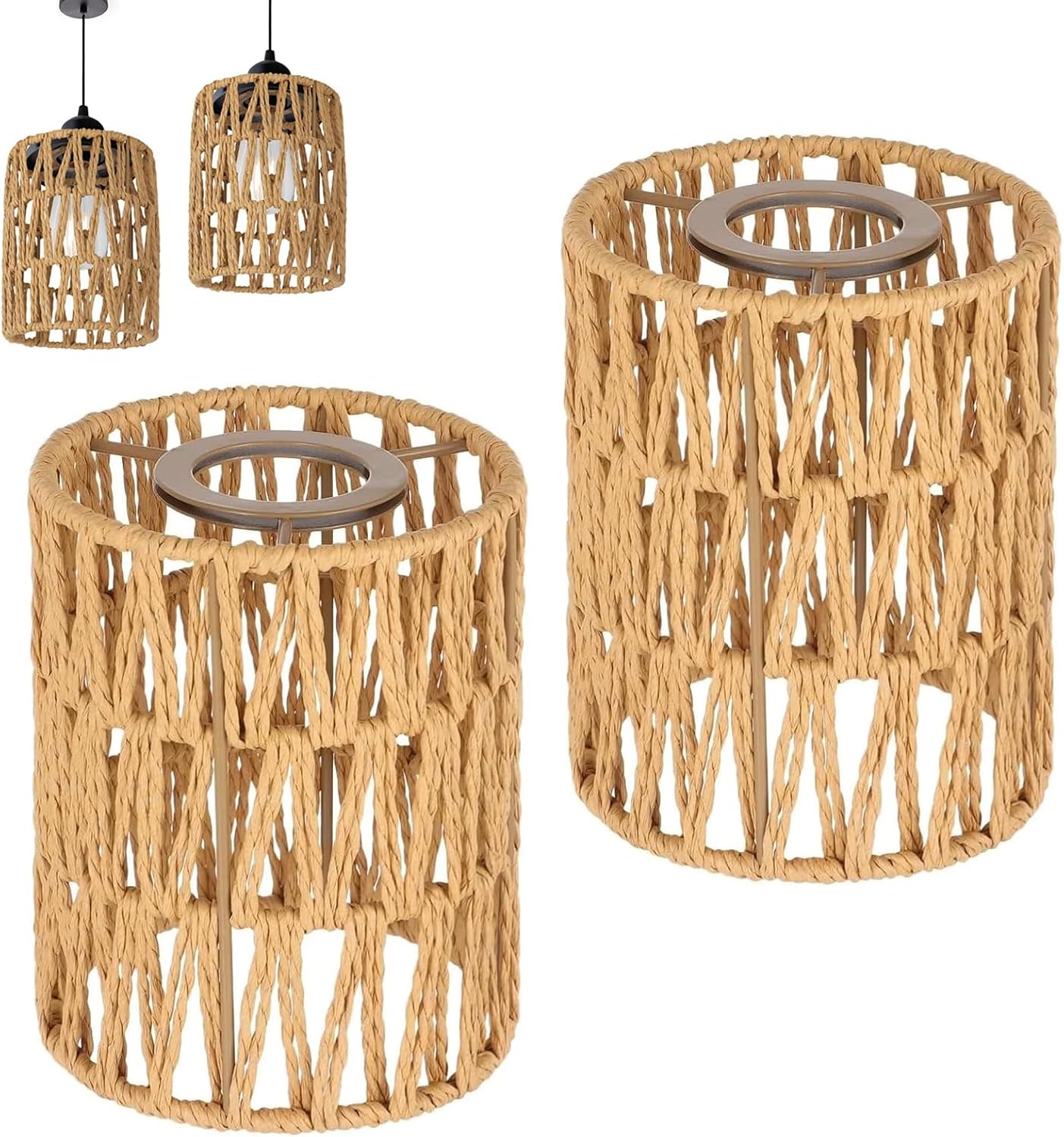 Set Mit 2 Zylindrischen Rattan-lampenschirmen – Natürlicher Boho-stil – Dekorative Innen- Und Außenbeleuchtung – Für Pendel- Und Deckenleuchten – 14,5 X 12 Cm, Braun