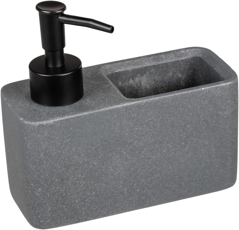 Flüssigseifenspender – 1 Stück – Graues Kunststein – Dosierpumpe Und Schwammhalter – Für Küche Und Bad – 14,5 X 14,3 X 6 Cm