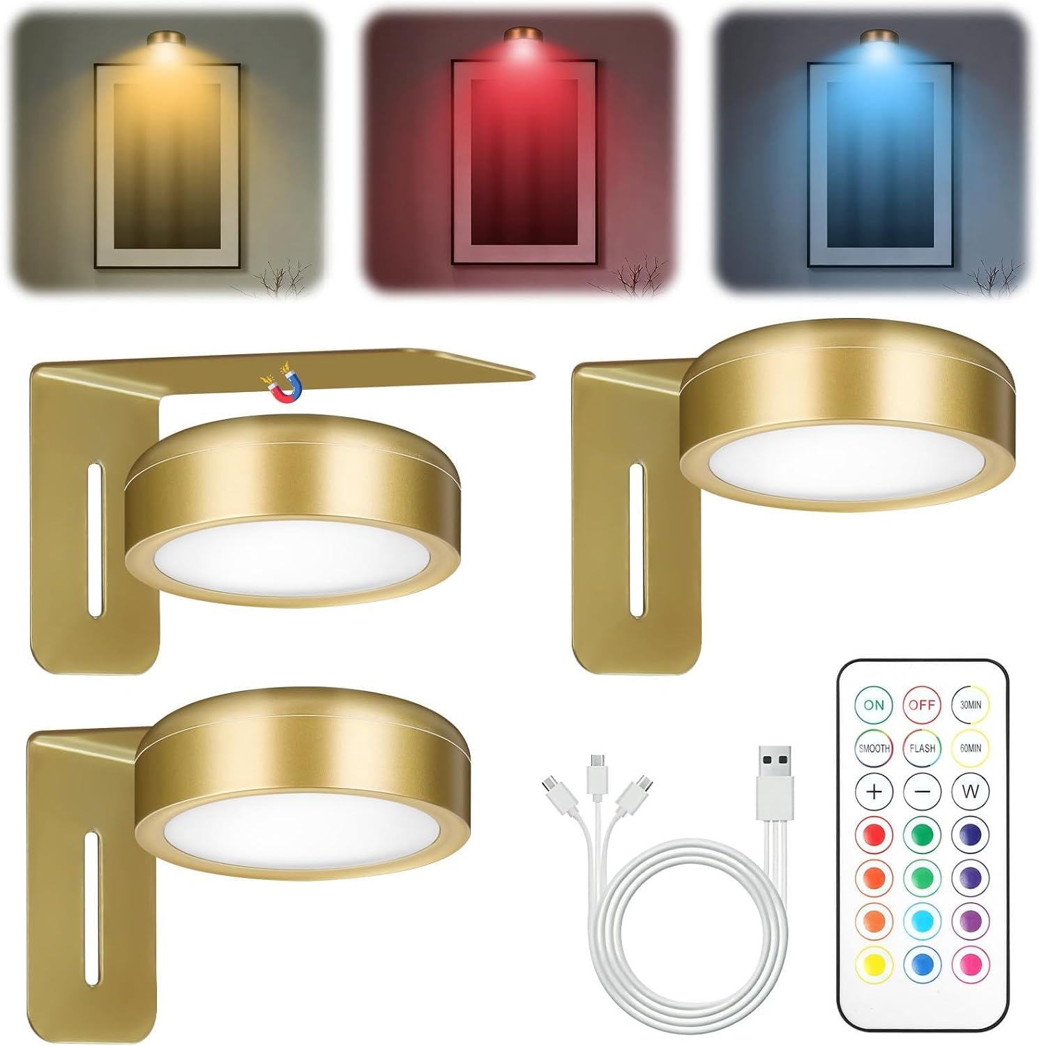 3er-set Kabellose Led-bilderleuchten – Usb-aufladbar – 13 Rgb-farben – Fernbedienung Und Magnet – Für Küche Und Vitrine – Gold