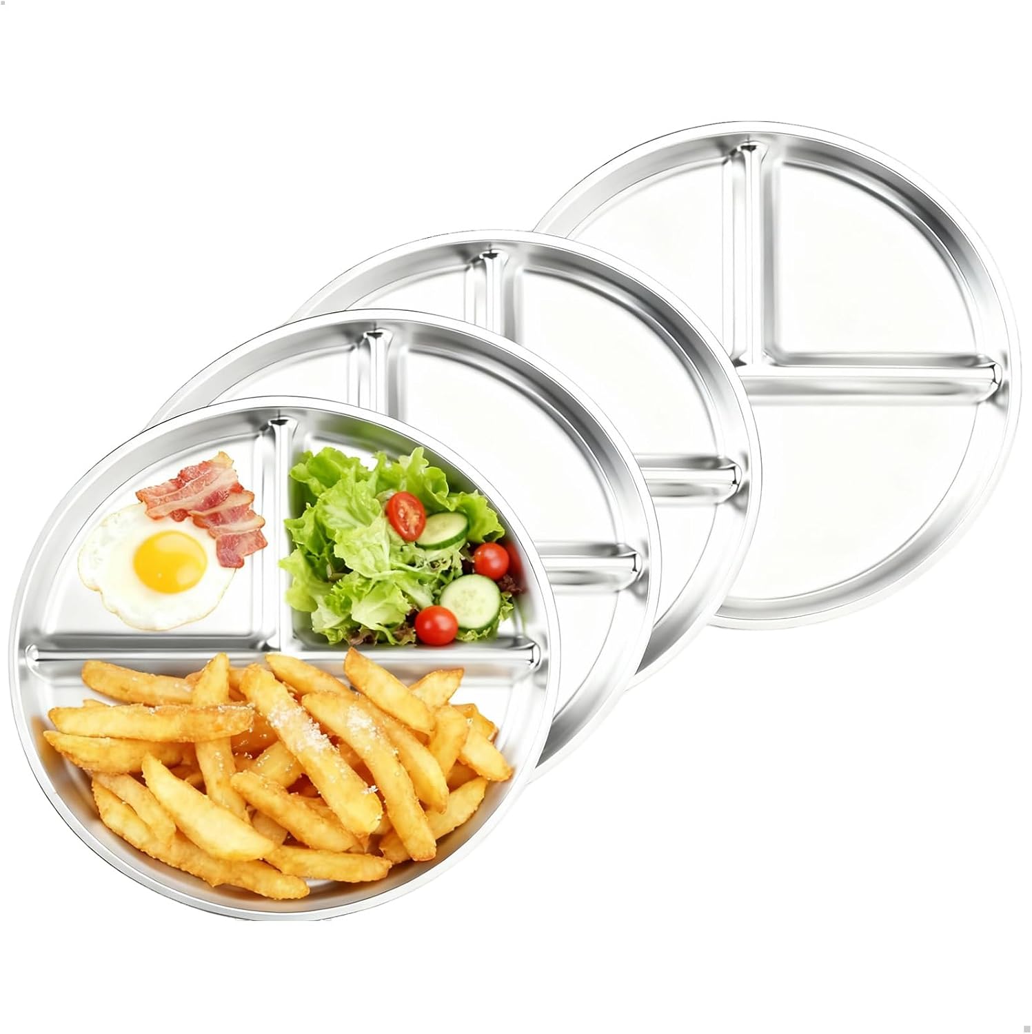 Edelstahlteller – 4er-set – Edelstahl 304 – 3 Fächer – Rutschfest – Für Camping Und Zuhause – 23 Cm
