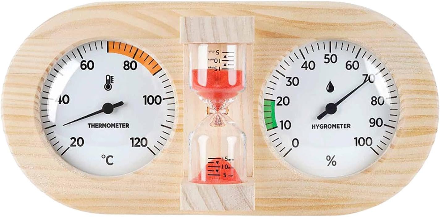 3-in-1 Thermometer, Hygrometer Und Sanduhr – 1 Stück – Holz Und Glas – Präzise Temperatur- Und Feuchtigkeitsmessung – Für Sauna, Dampfbad Oder Zuhause – Rot, 29 X 14 X 3 Cm