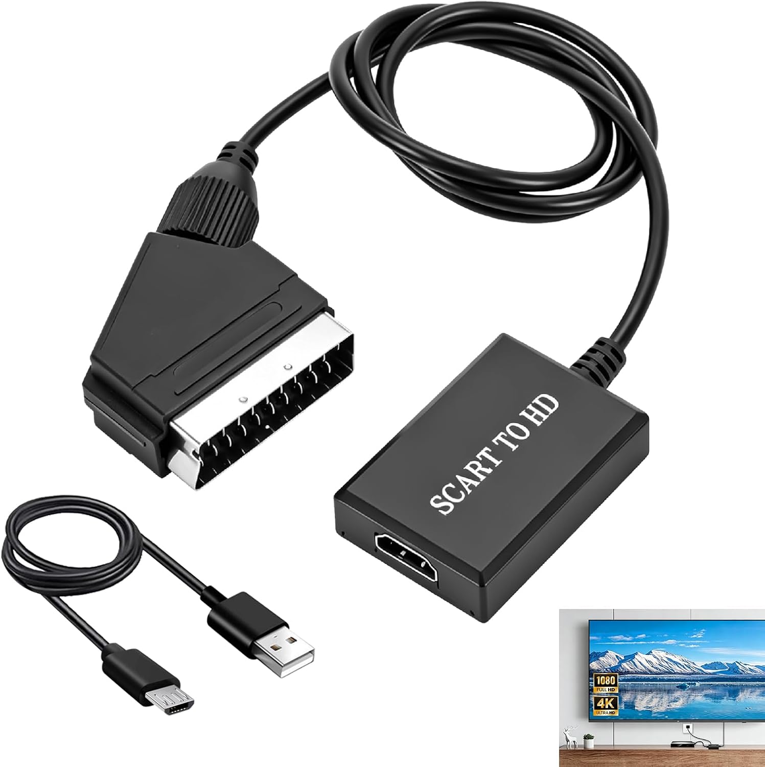 Scart-zu-hdmi-konverter – 1 Stück – Schwarz – Full Hd 1080p – Für Fernseher Und Projektor – Kompakt