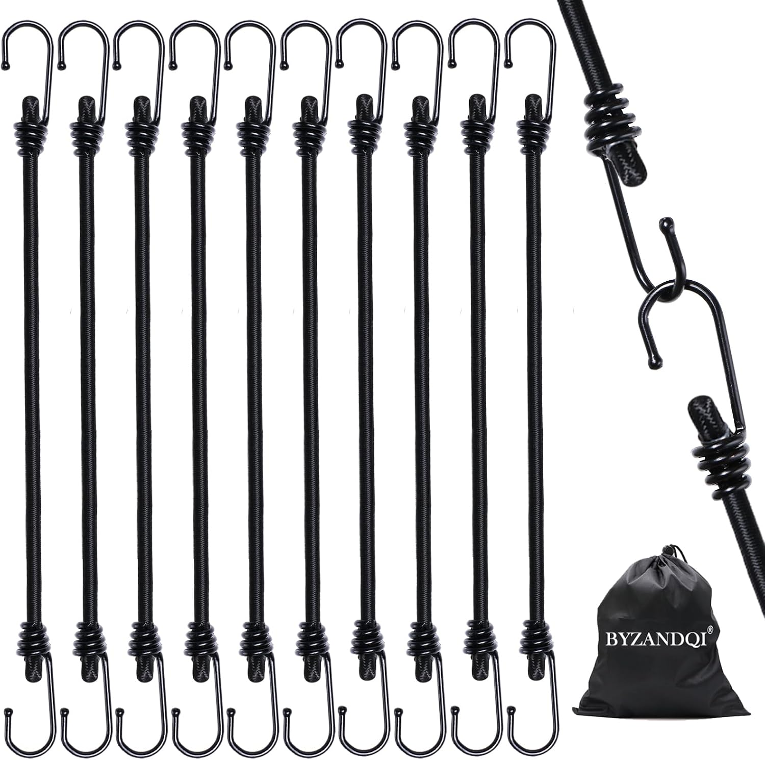 Elastisches Bungee-seil – 10er-pack – Schwarzes Gummi, 30 Cm – Stahlhaken – Für Fahrräder, Segelboote Und Gartengeräte