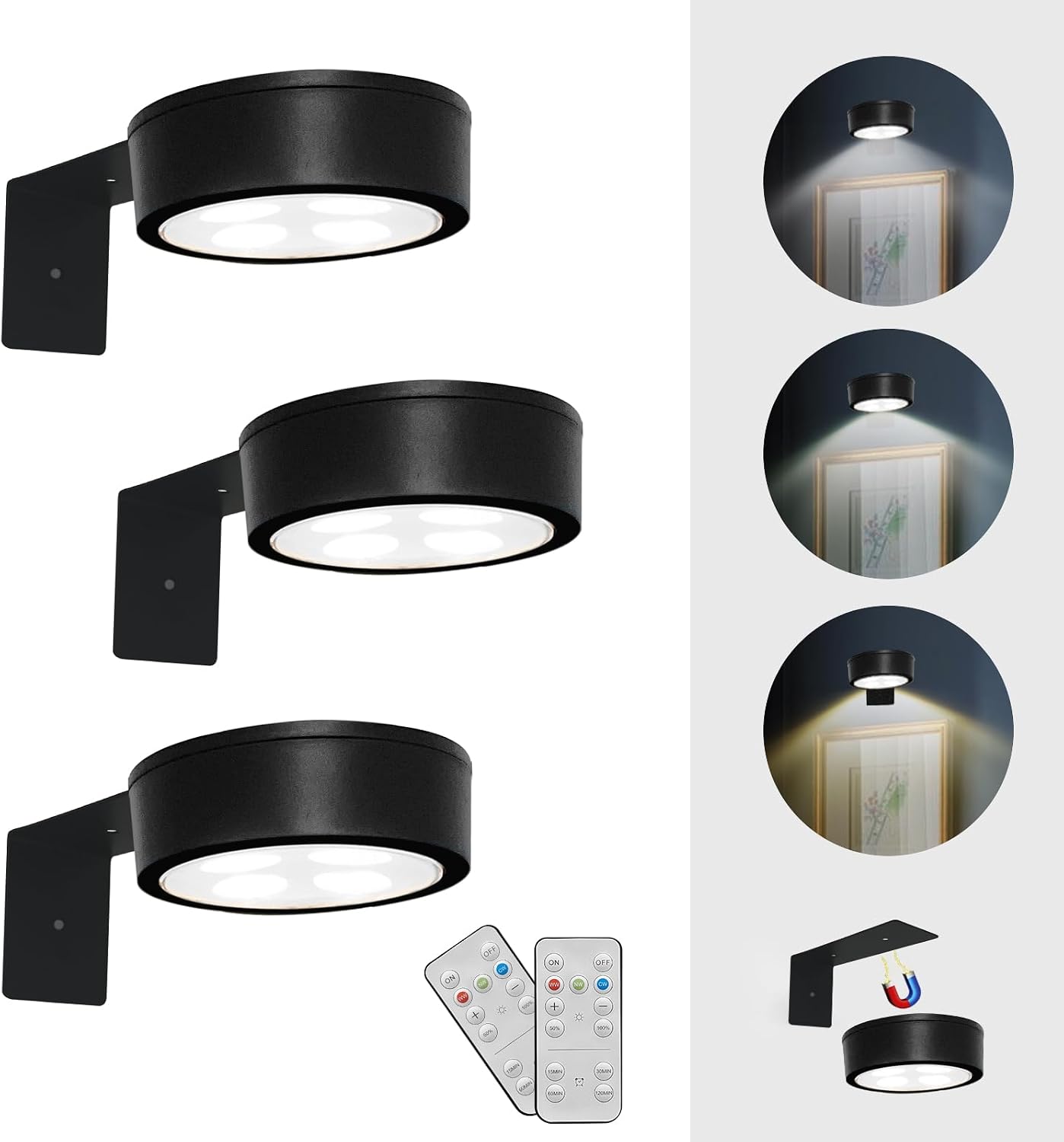 3er-set Led-bilderleuchten – Kabellose Wandbeleuchtung – 3 Dimmbare Farben – Fernbedienung – Für Bilderrahmen Und Gemälde