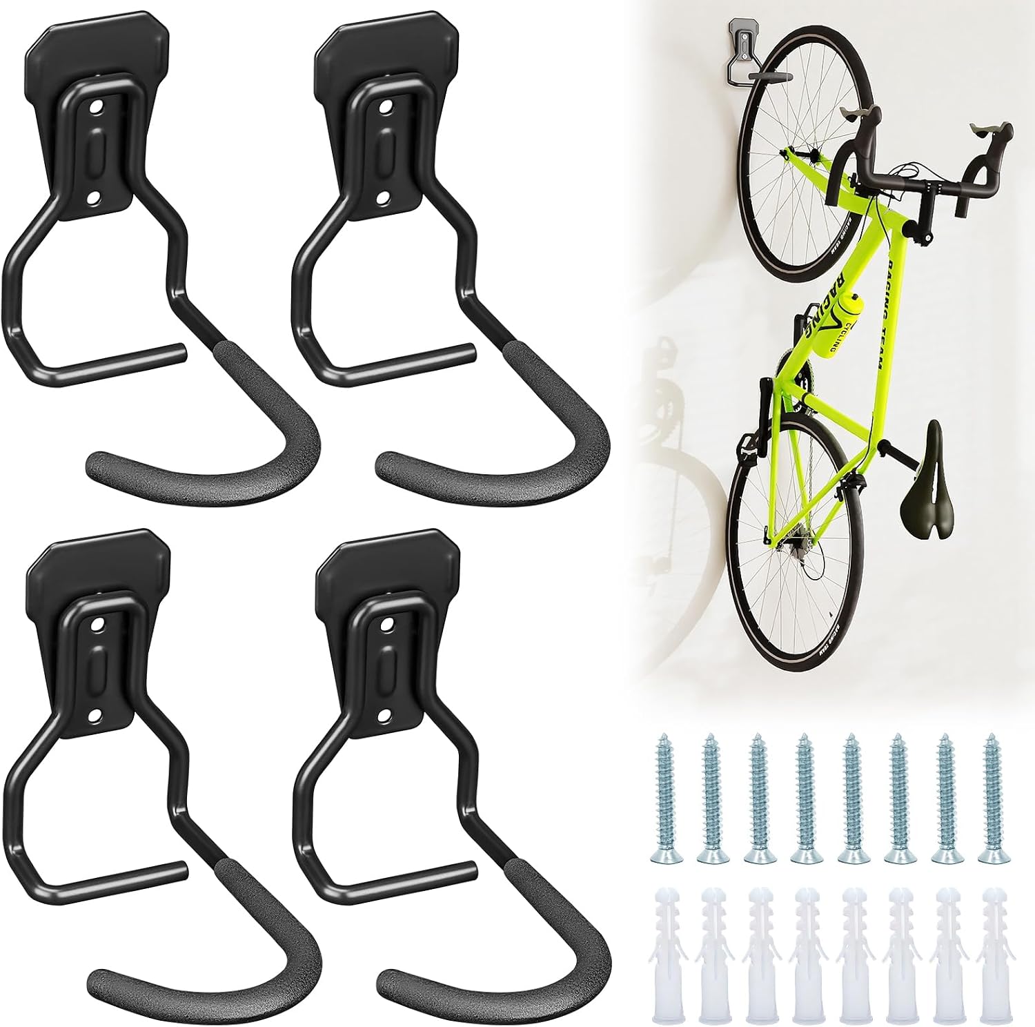 Wandmontierter Fahrradständer – 4er-set – Schwarzes Eisen – Tragkraft 35 Kg – Vertikale Garagenaufbewahrung