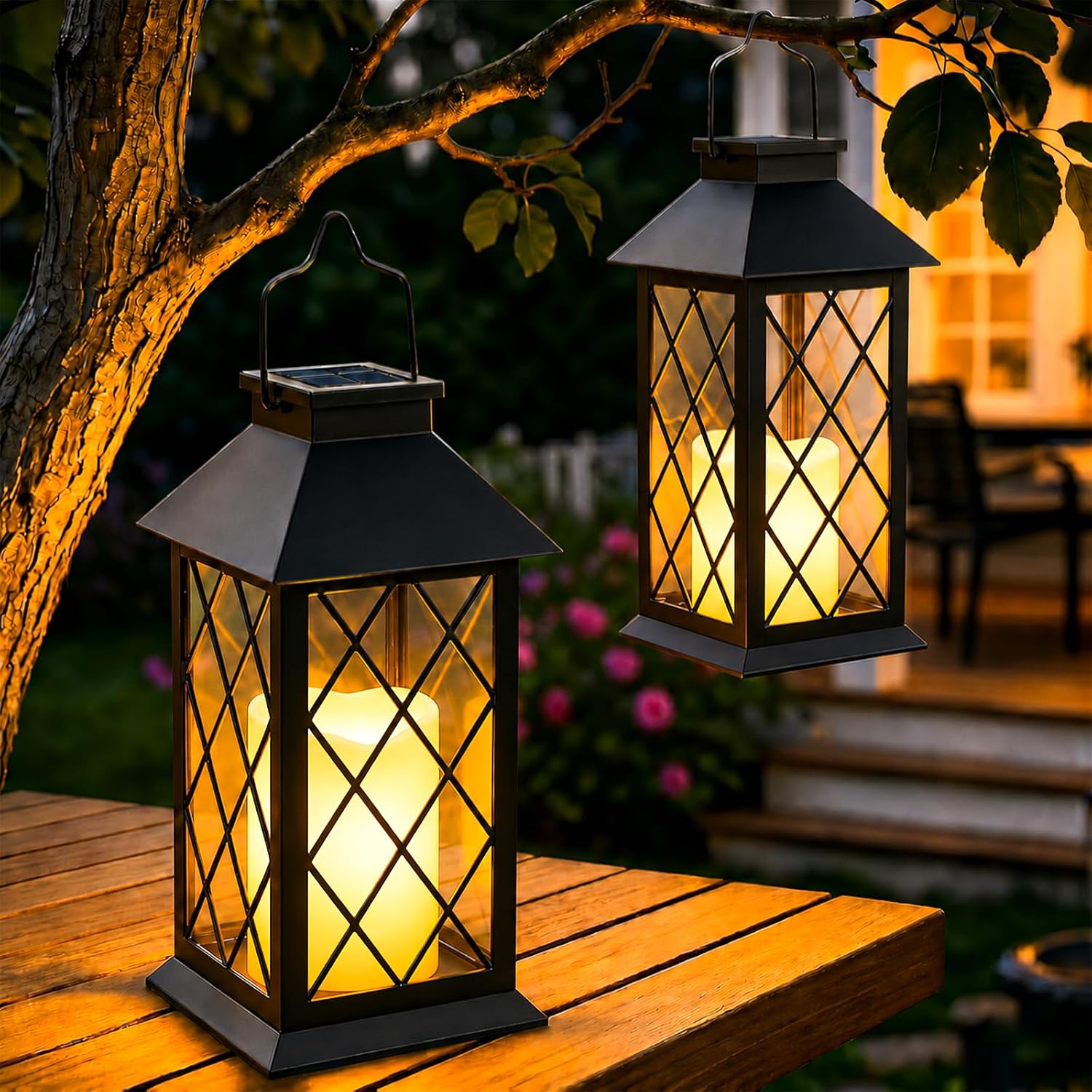 Solarlaterne – 2 Stück – Gehärtetes Glas – Flammeneffekt – Garten, Balkon, Terrasse – Schwarz – 22 Cm