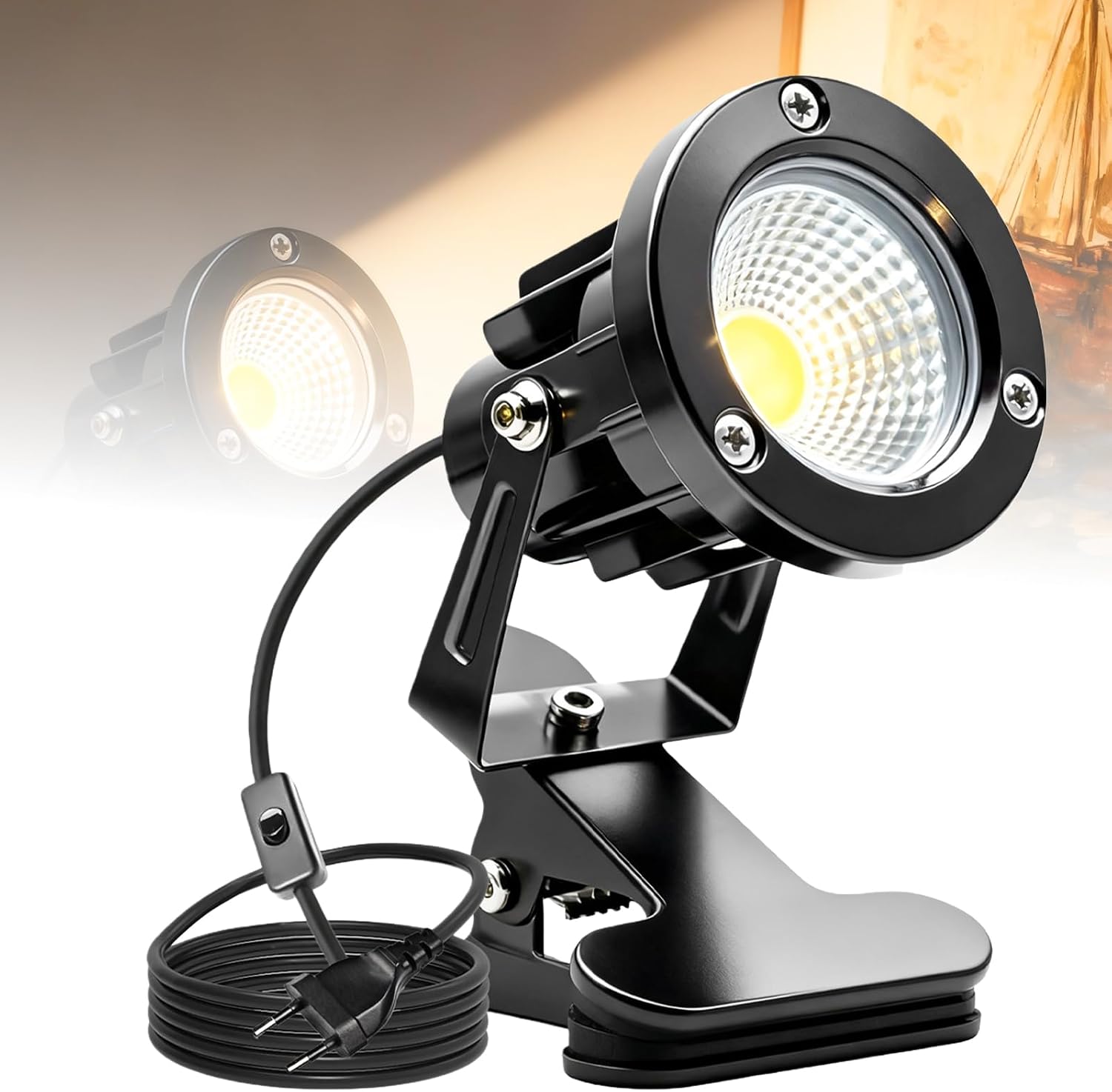 Led-strahler Mit Klemme – 1 Stück – Aluminium Und Glas – Warmweißes Licht, 10 W – Für Den Innen- Und Außenbereich Geeignet – 1,8 M Kabel