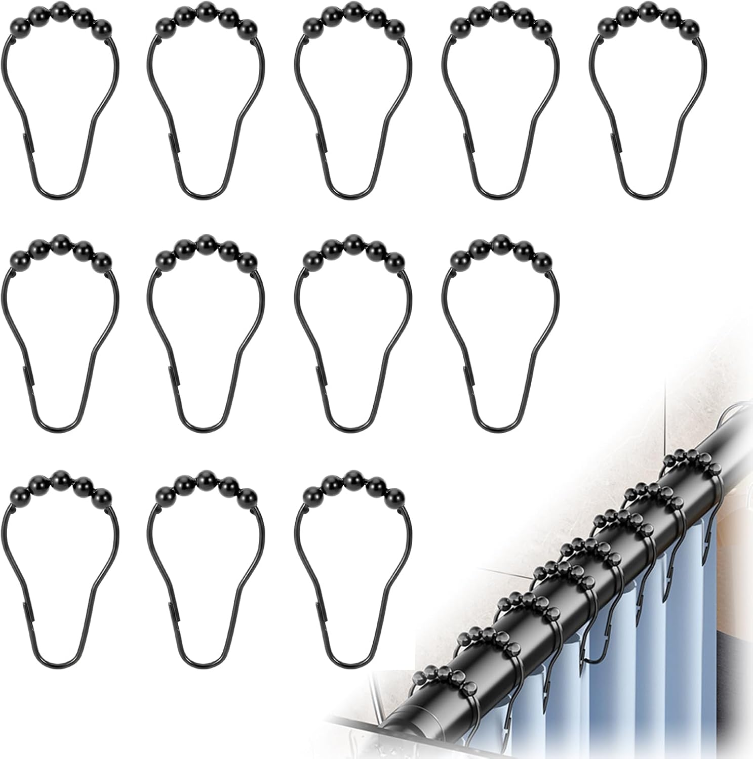 Duschvorhangringe – 12 Stück – Schwarzer Edelstahl – Leichtgängig Dank Kugellagern – Für Bad Und Küche – 74 X 38 Mm