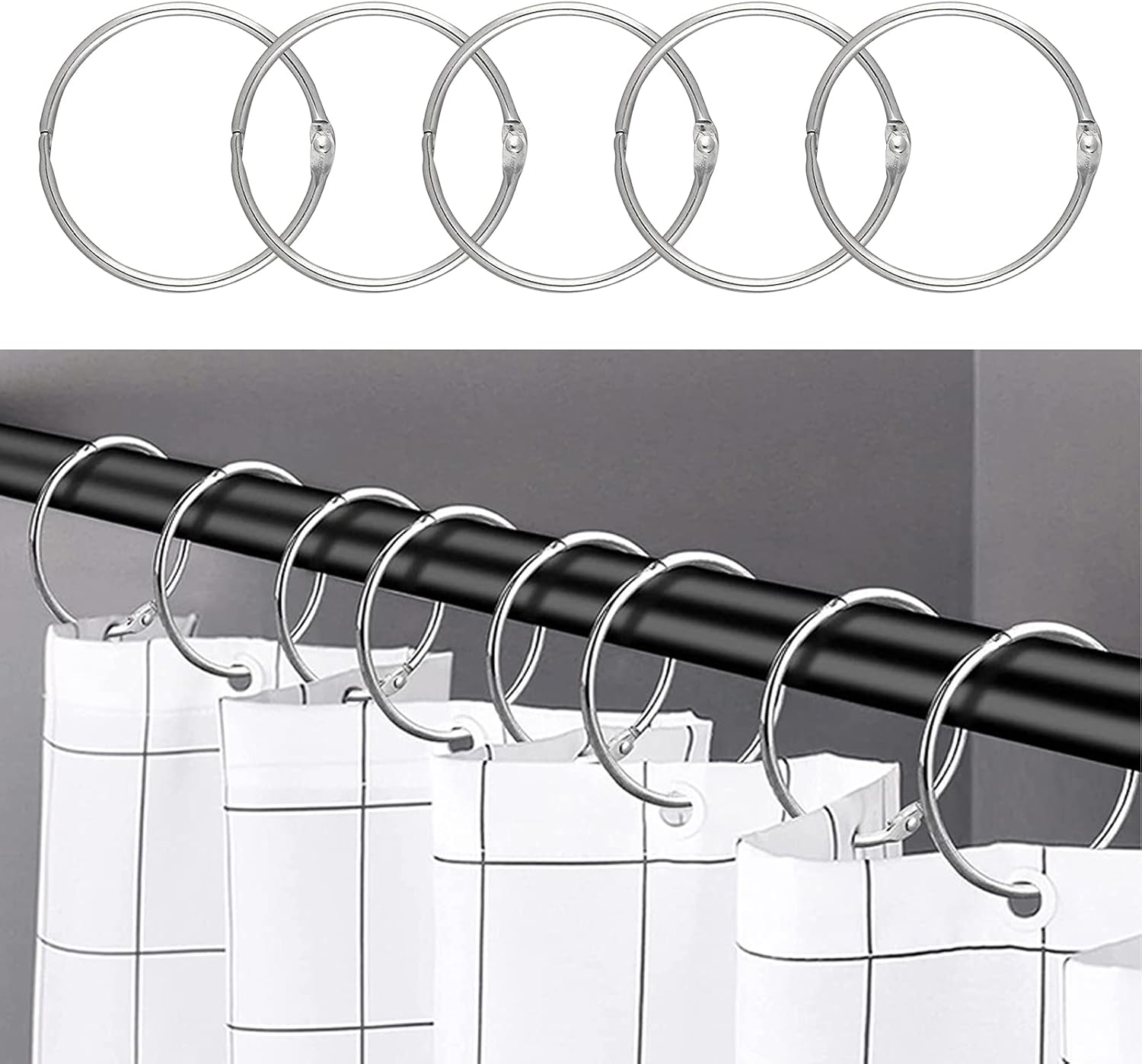 Duschvorhangringe – 24 Stück – Rostfreies Schwarzes Metall – Sicherer Schnappverschluss – Für Bad Und Ordnung – 5 Cm Durchmesser