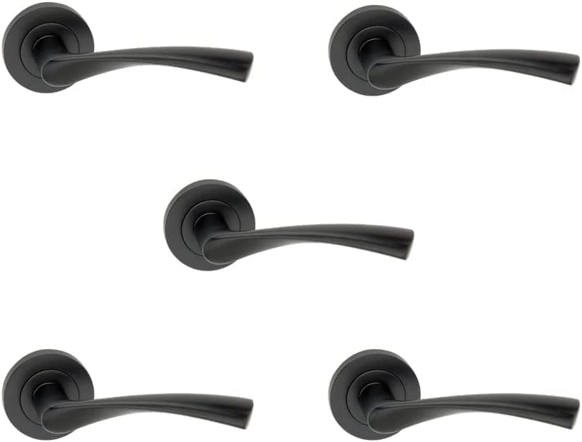 Set Mit 5 Innentürgriffen – Mattschwarzes, Wellenförmiges Design – Robuster Stahl – Kompatibel Mit Standard-schlössern – Für Zuhause Und Büro