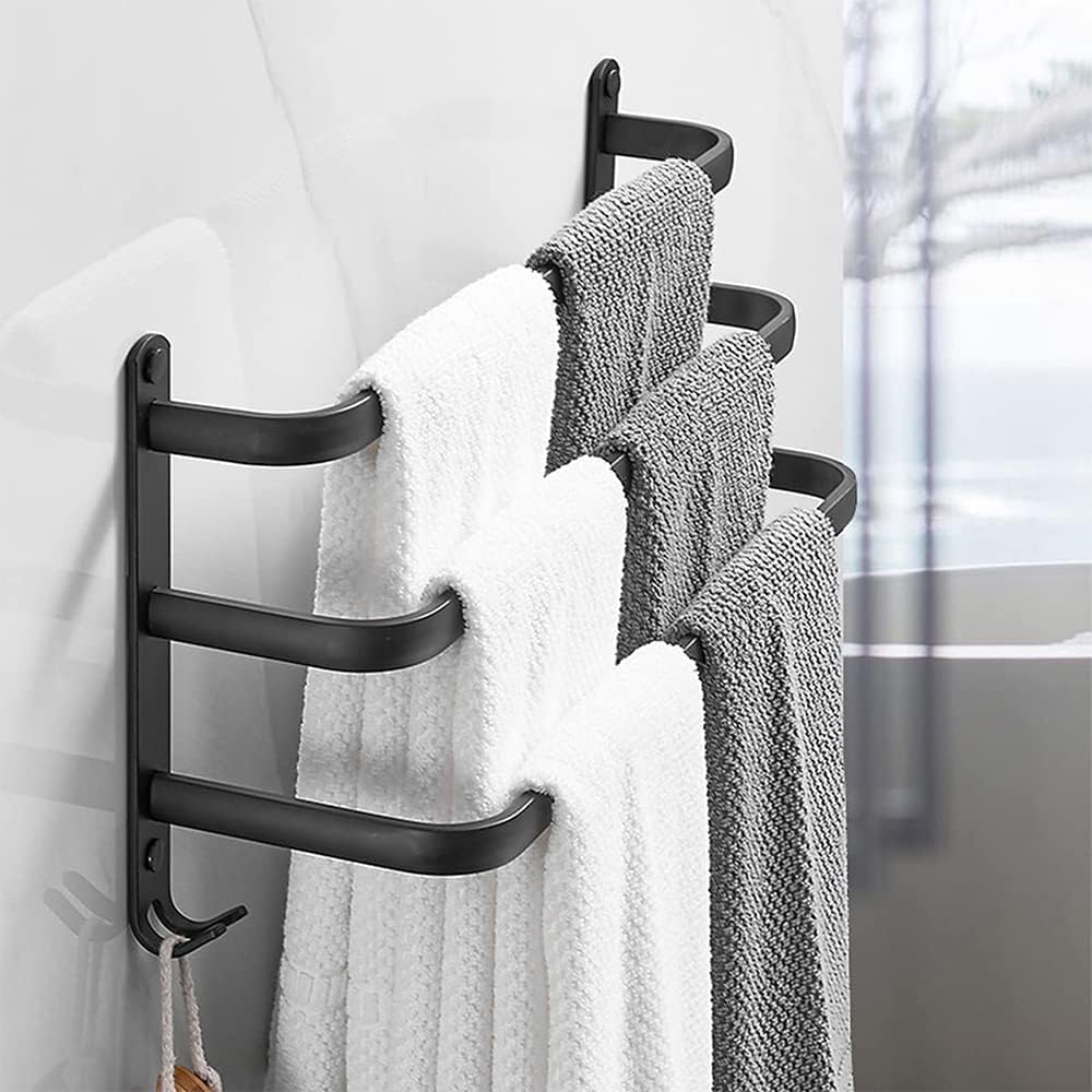 Wandmontierter Handtuchhalter – 3 Stangen – Schwarzer Edelstahl – 180° Drehbar – Platzsparend – Bad/küche – 50 X 24 X 14,4 Cm