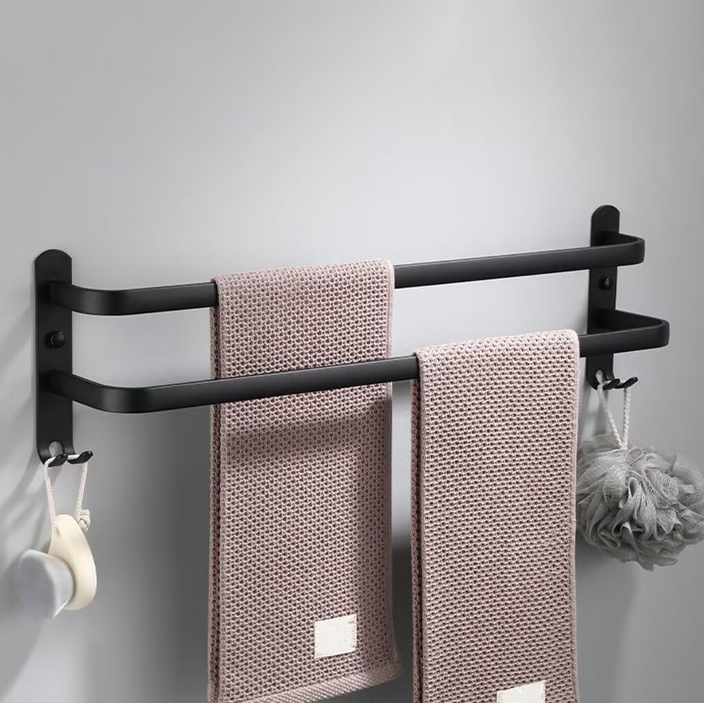 Schwarze, Wandmontierte Handtuchstange – 2-stufig – Eloxiertes Aluminium – Kein Bohren Erforderlich – Für Bad Und Küche – 60 Cm
