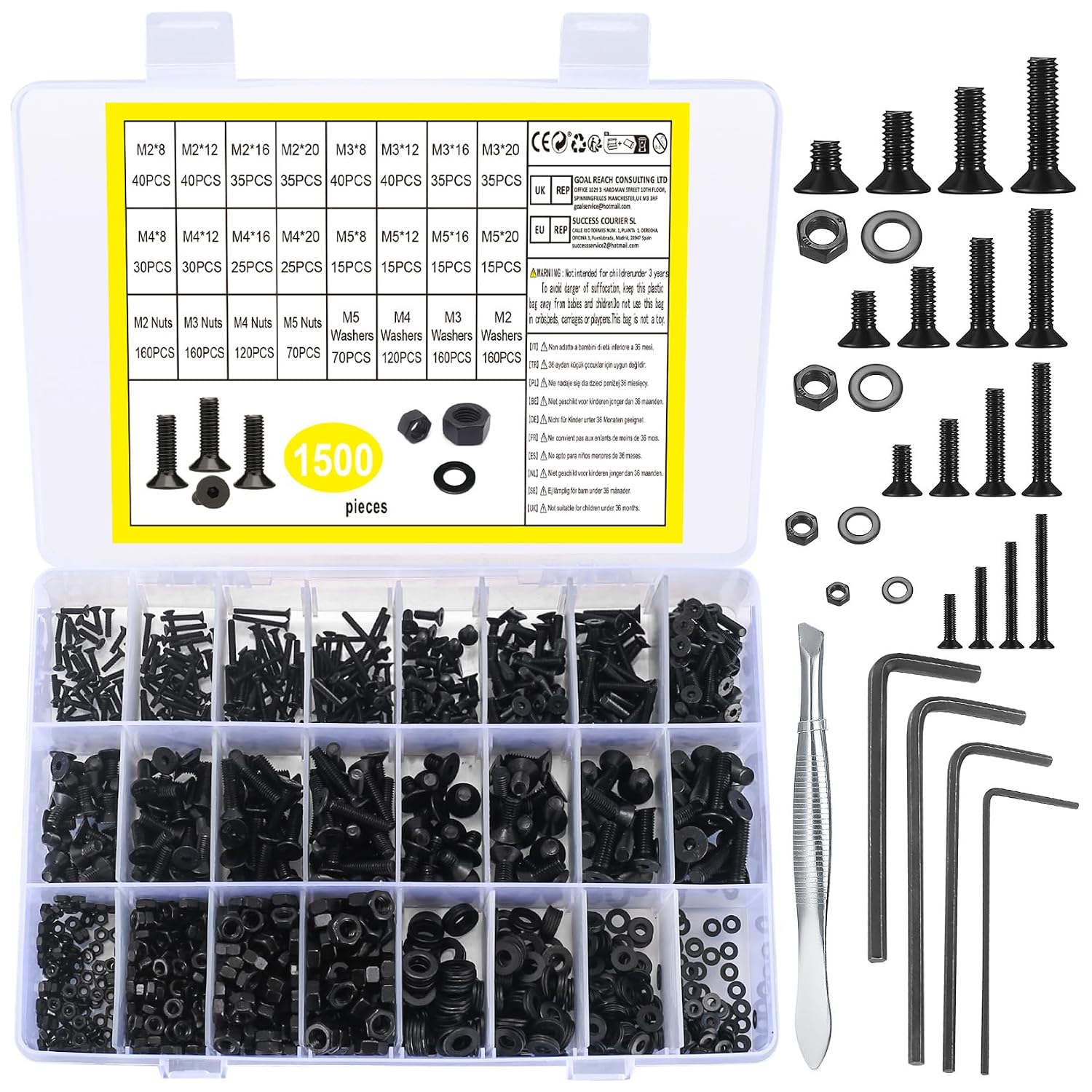 1500-teiliges Schrauben-, Muttern- Und Unterlegscheiben-set – Schwarzer Legierter Stahl – Senk- Und Zylinderkopf – Präzise Befestigung M2 Bis M5 – Heimwerkerbedarf Und Reparatur