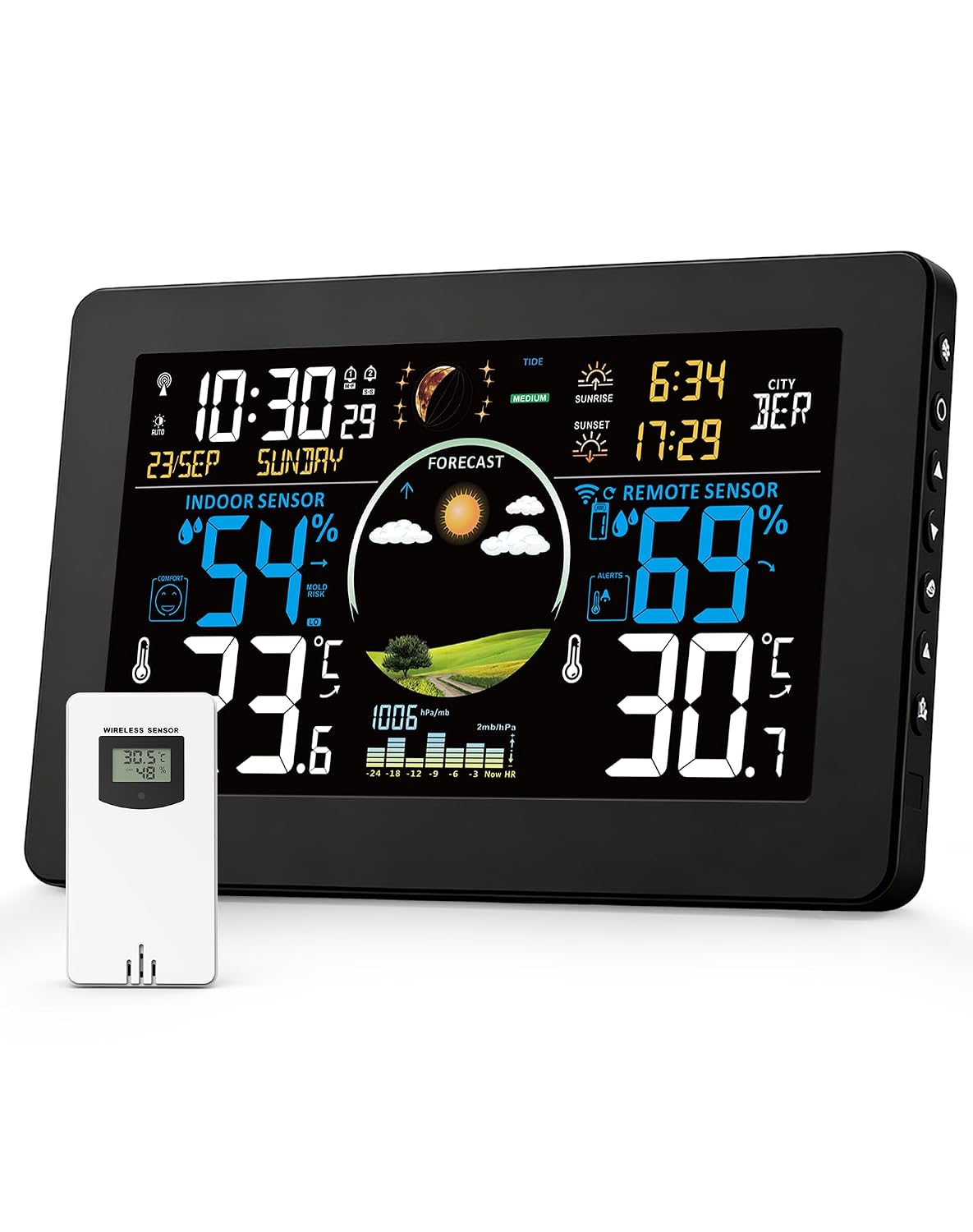 Drahtlose Wetterstation – 1 Stück – 7,5-zoll-va-display – Thermometer, Hygrometer, Barometer – Für Innen- Und Außenbereich/garten – Schwarz