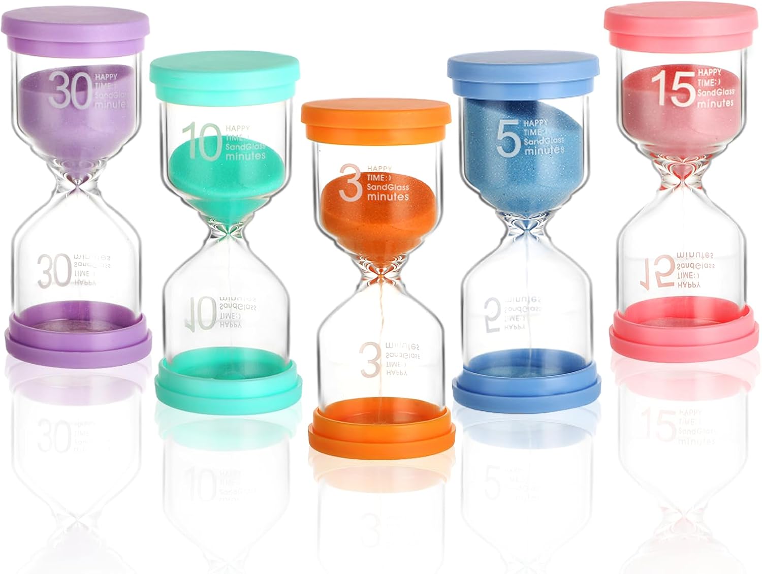 5-teiliges Sanduhr-set Aus Glas – Buntes Timer-set (3 Bis 30 Minuten) – Zum Zähneputzen Und Lernen Für Kinder – Für Zuhause Und Schule