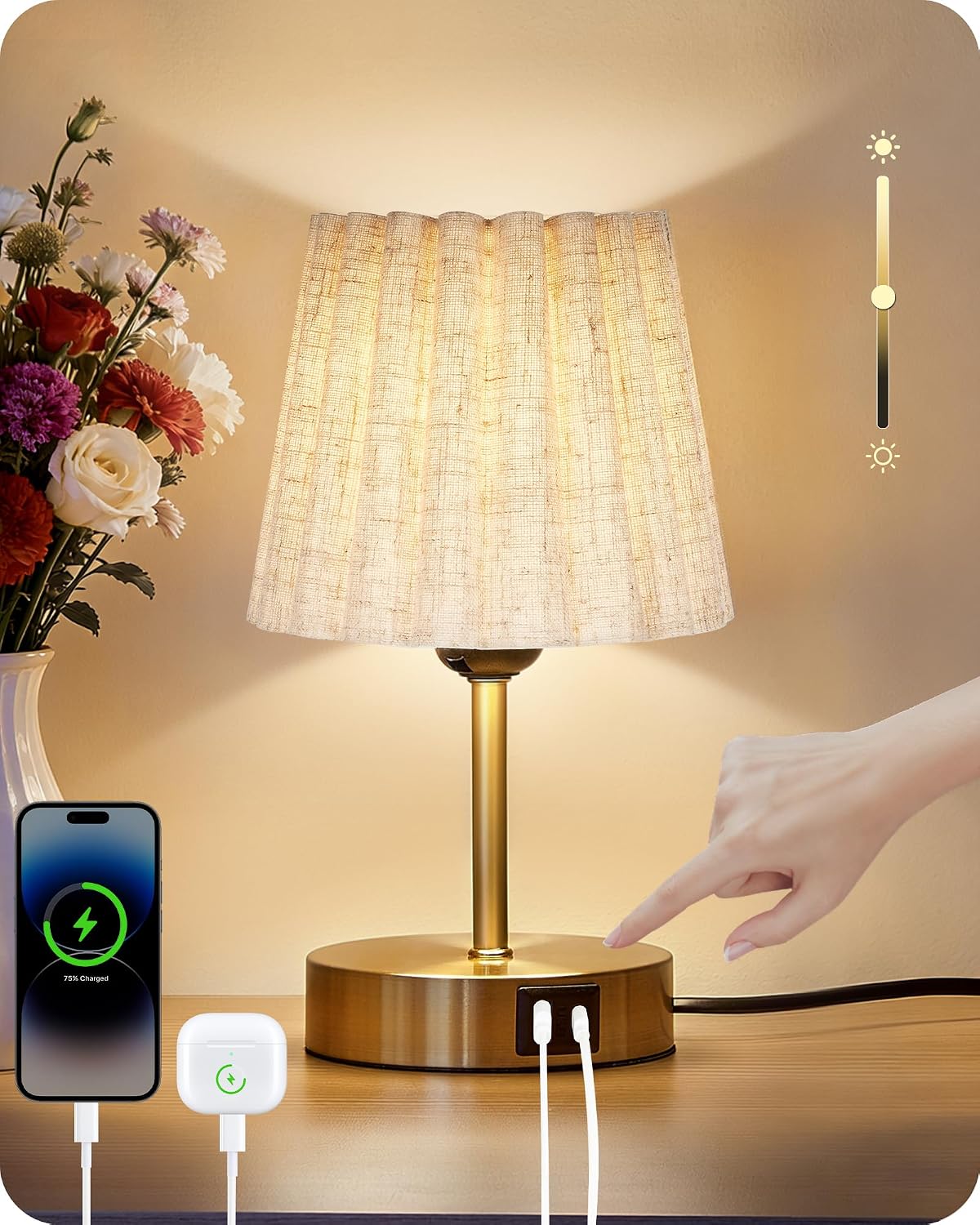 Touch-nachttischlampe – 1 Stück – Kupferfarbenes Metall Und Stoff – Dimmbar Mit Usb-anschlüssen – Für Schlafzimmer Und Büro – Gold Und Beige