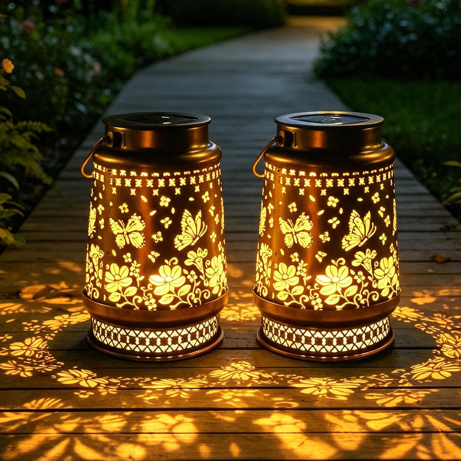 Solarlaterne – 2 Stück – Metall – Retro-schmetterling-led – Garten, Terrasse, Balkon