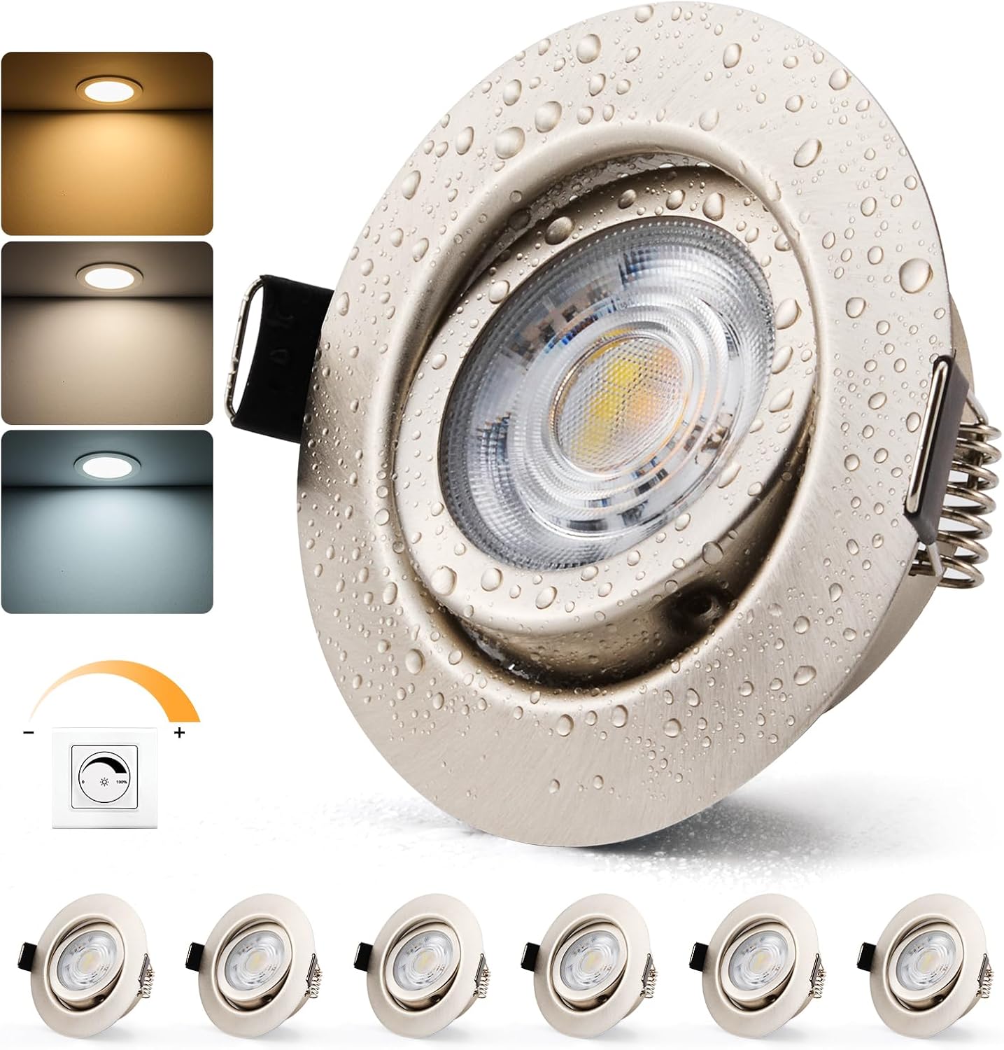 Led-einbaustrahler – 6er-pack – Vernickeltes Aluminium – Dimmbar, Schutzart Ip44 – Wohnzimmer, Badezimmer, Küche – 7 W, 68 Mm