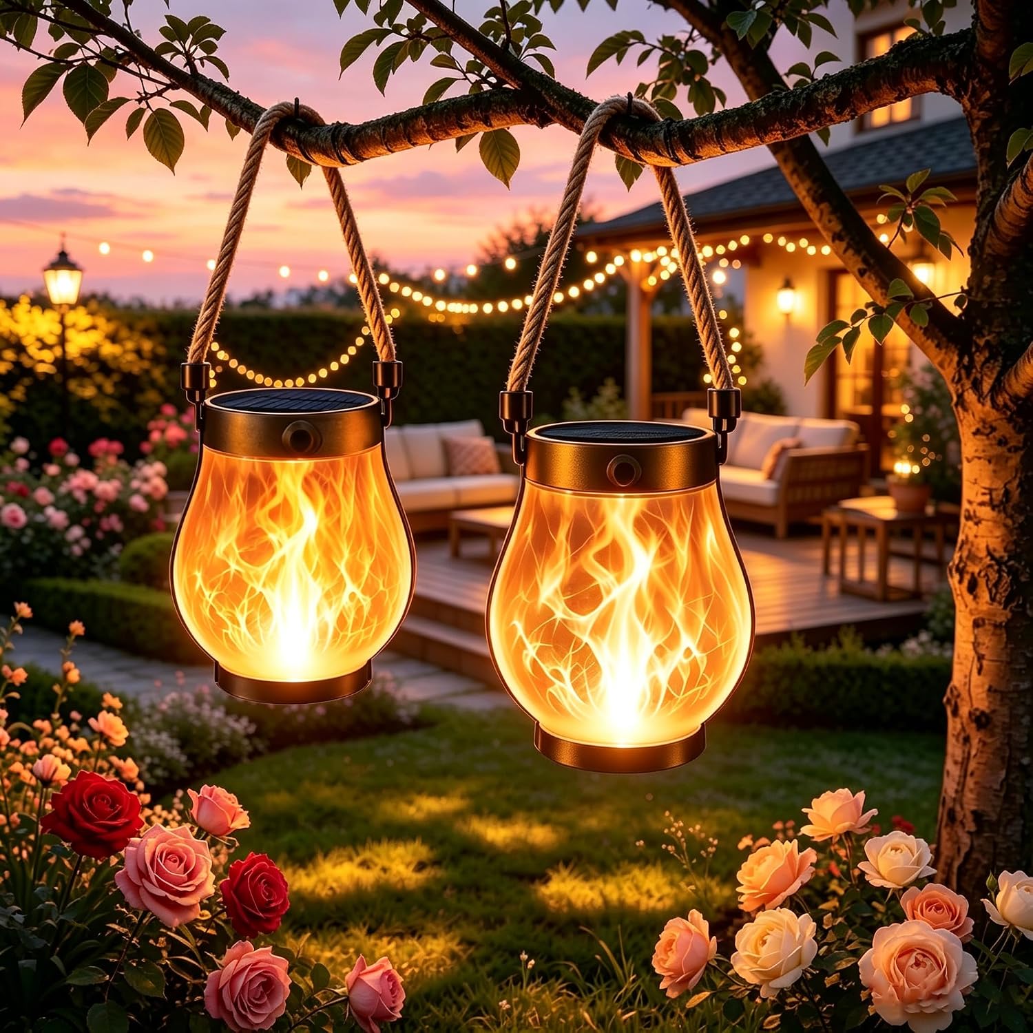 2er-set Solarlaternen – Tanzende Flamme – Abs-kunststoff – Ip65 Wasserdicht – Garten, Terrasse, Weg – Hanfseil