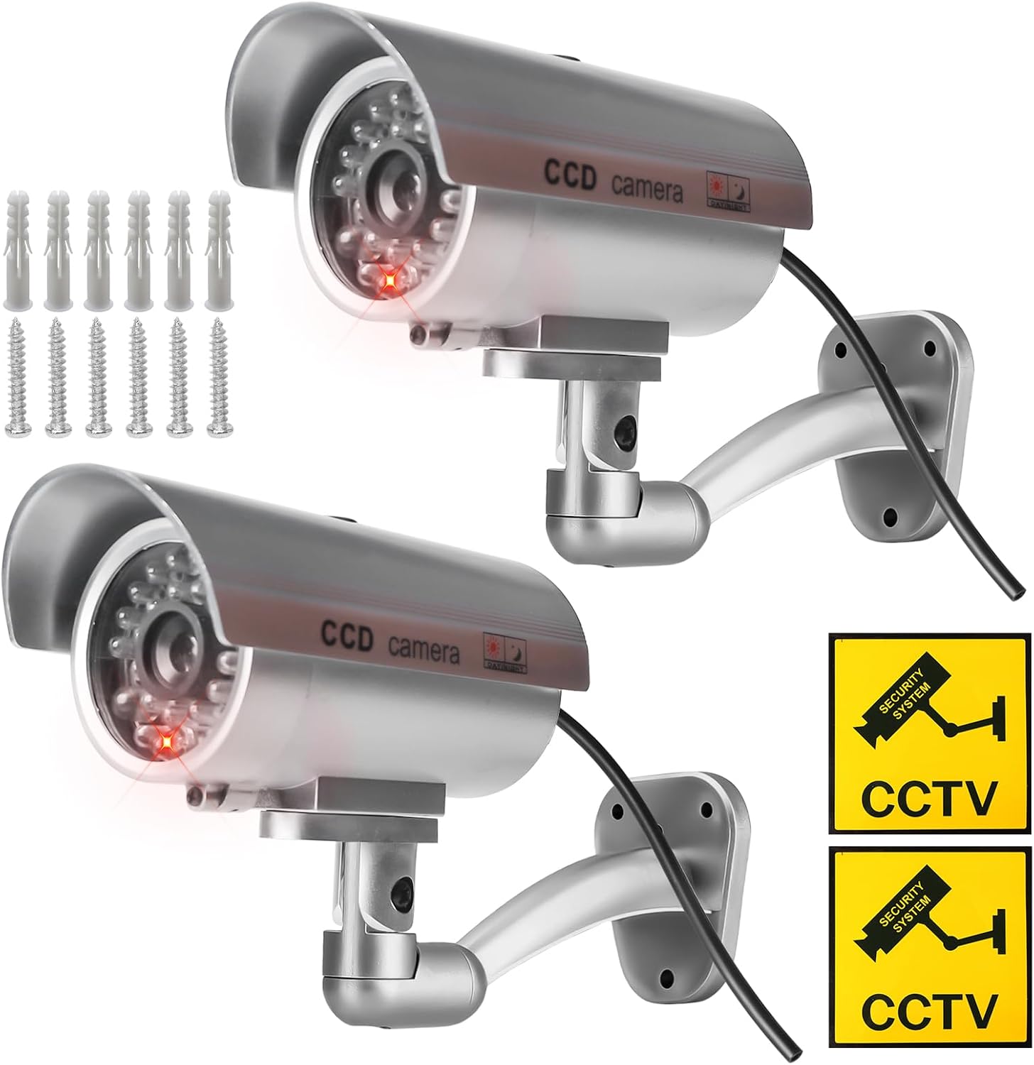 Attrappe Einer Kamera – 2er-pack – Silbernes Abs – Blinkende Led – Für Den Innen- Und Außenbereich – Abschreckungsmittel