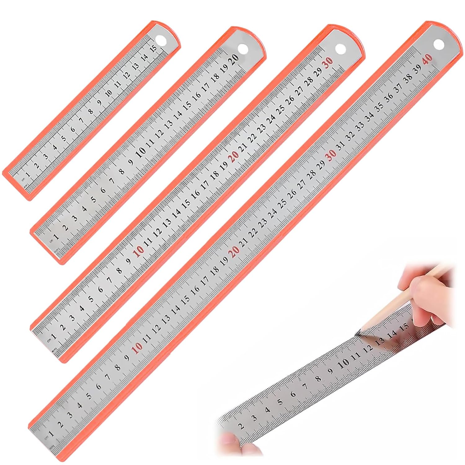 Metalllineal – 4-teilig – Edelstahl – Doppelskala – Für Schule Und Büro – 15/20/30/40 Cm