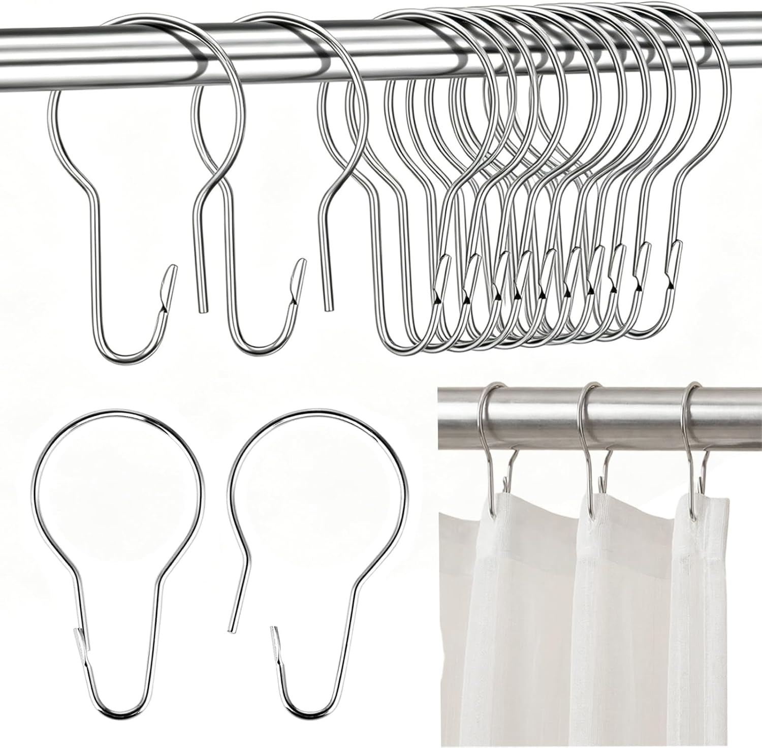 75 Duschringe Aus Edelstahl – Set Mit 75 Metallhaken – Robustes Design Im Flaschenformat – Leichtgängig Für Die Anwendung Im Badezimmer – 7 X 3,8 Cm, Silber