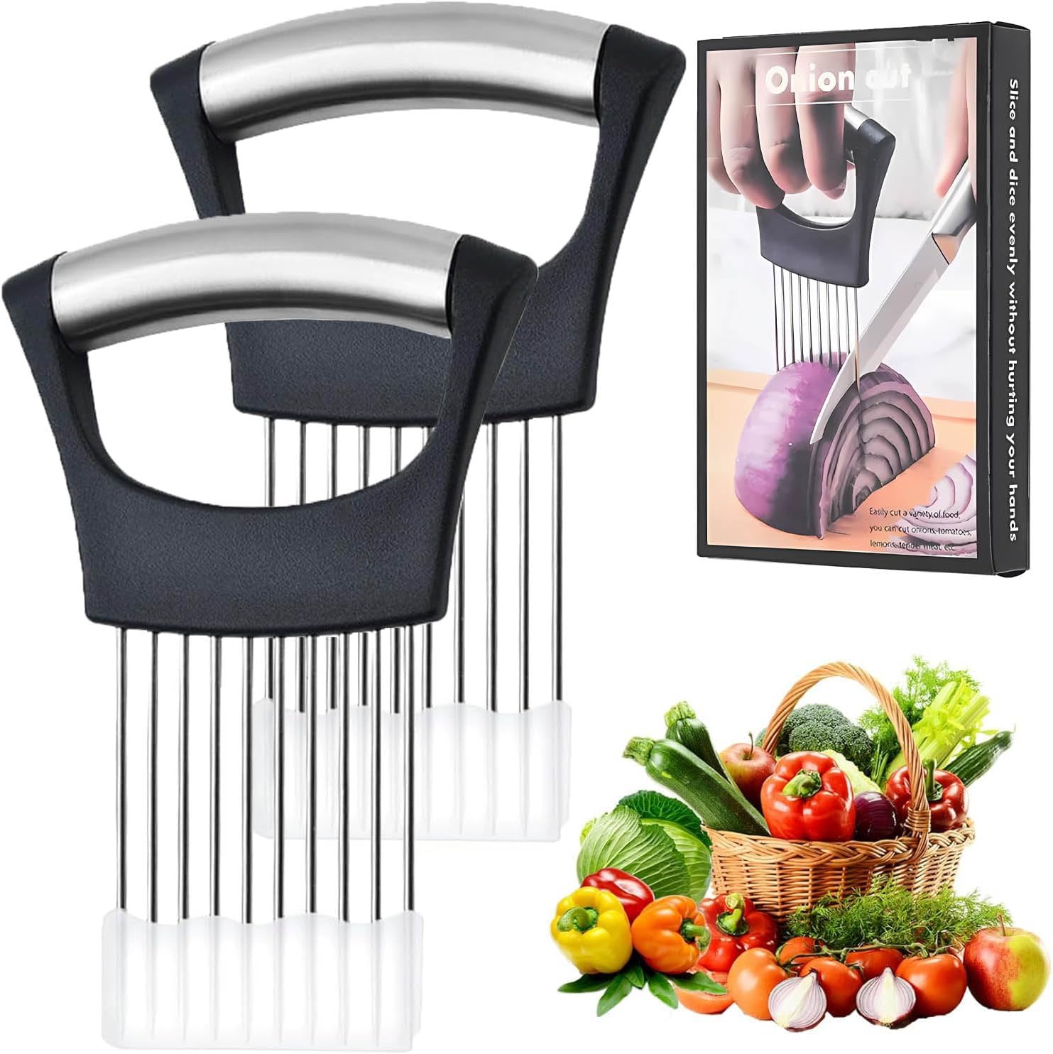 2-teiliger Zwiebelhalter Aus Edelstahl – Sicheres Schneidezubehör – Für Gemüse, Fleisch Und Obst – Für Den Täglichen Gebrauch – Inklusive Schutzhülle