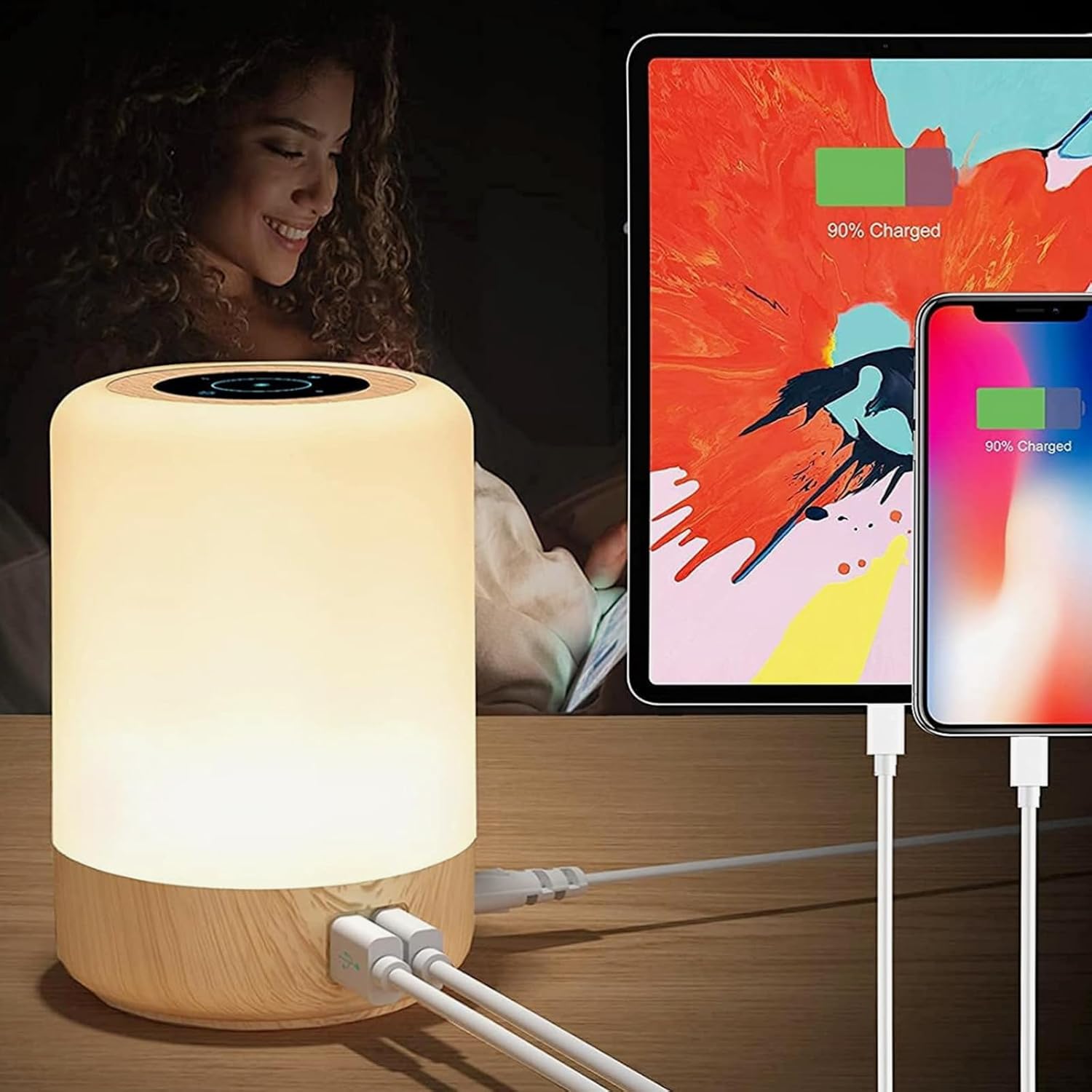 Touch-nachttischlampe – 1 Stück – Mehrfarbige Led – 4 Usb-anschlüsse – Nachtlicht Für Wohn-/schlafzimmer – Weiß