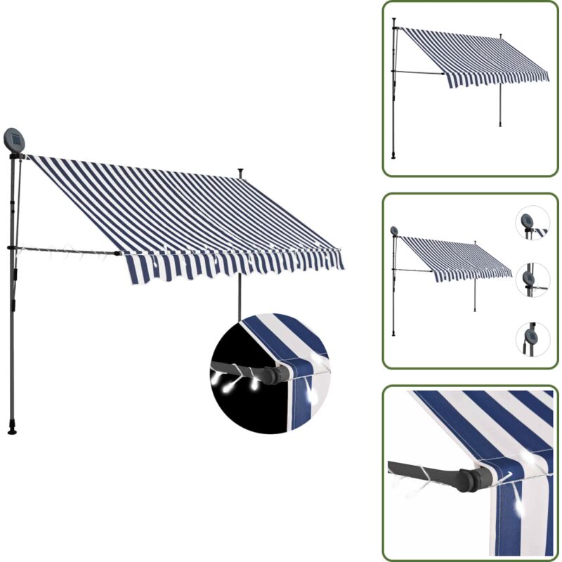 Einziehbare Markise Handbetrieben Mit Led 250 Cm Blau Und Weiß - Markise - Sonnensegel - Gartensonnenblende - Outdoor Möbel - Terrassenüberdachung