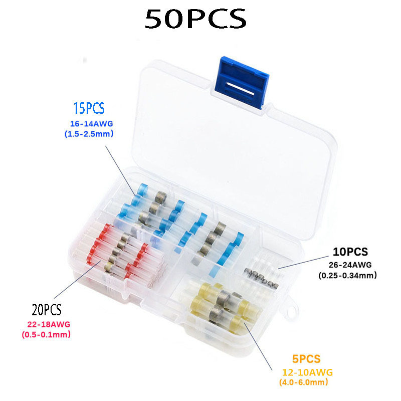 50er-set Wasserdichte Elektrische Steckverbinder Zum Löten Mit Schrumpfschlauch - Isolierte Verbindungsringe Ohne Crimpen (20 Rote, 15 Blaue, 10 Weiße, 5 Gelbe)-lsw