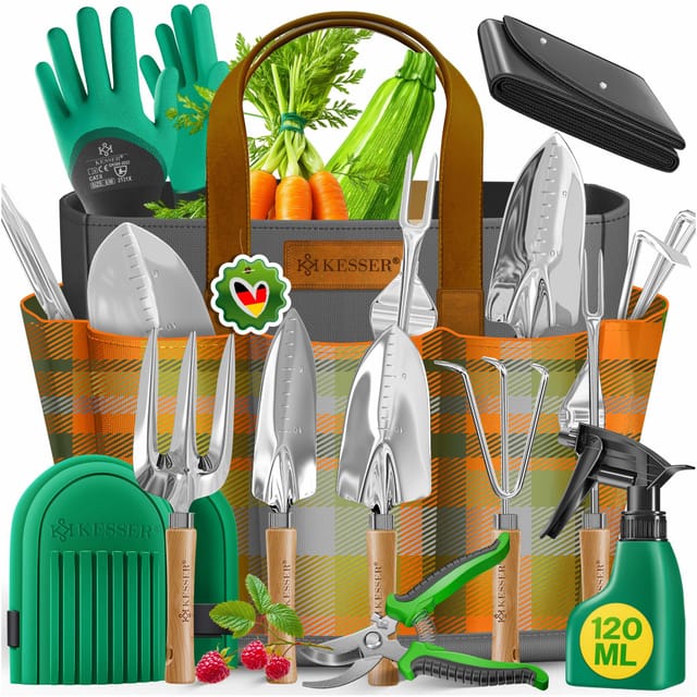 Kesser® Gartenwerkzeug Set 10-teilig, Holzgriffe, Tasche - Anthrazit
