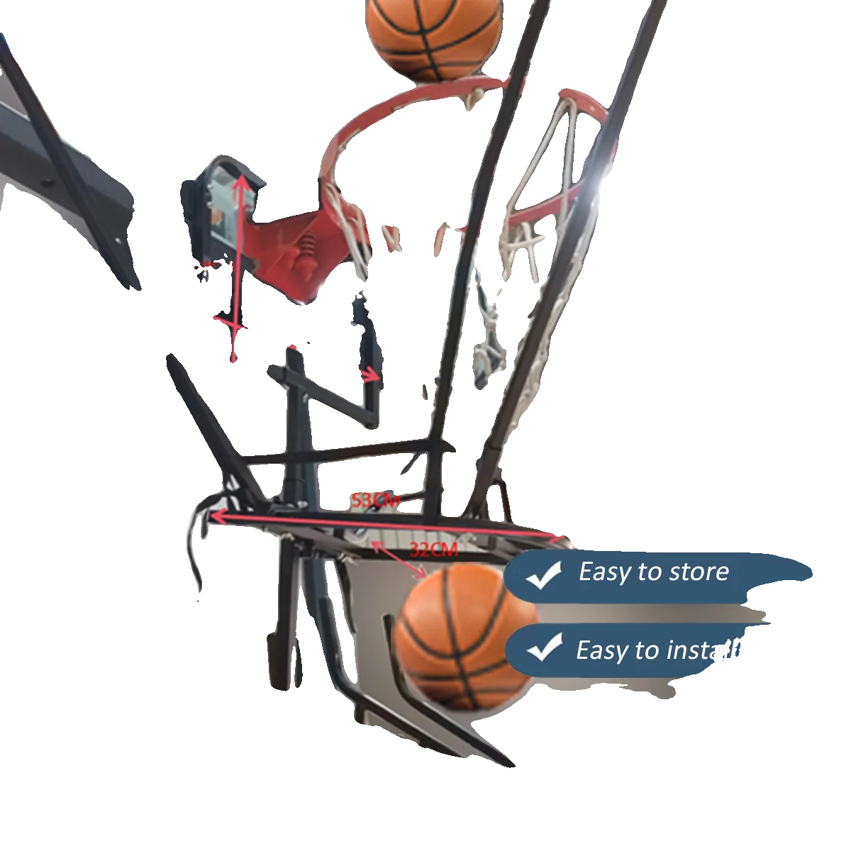 Basketball Wurftrainer, Edelstahlmaterial, Verstellbare Abmessungen, Drehbarer 180° Auslauf, Kompatibel Mit Standard-ringen, Einfache Montage