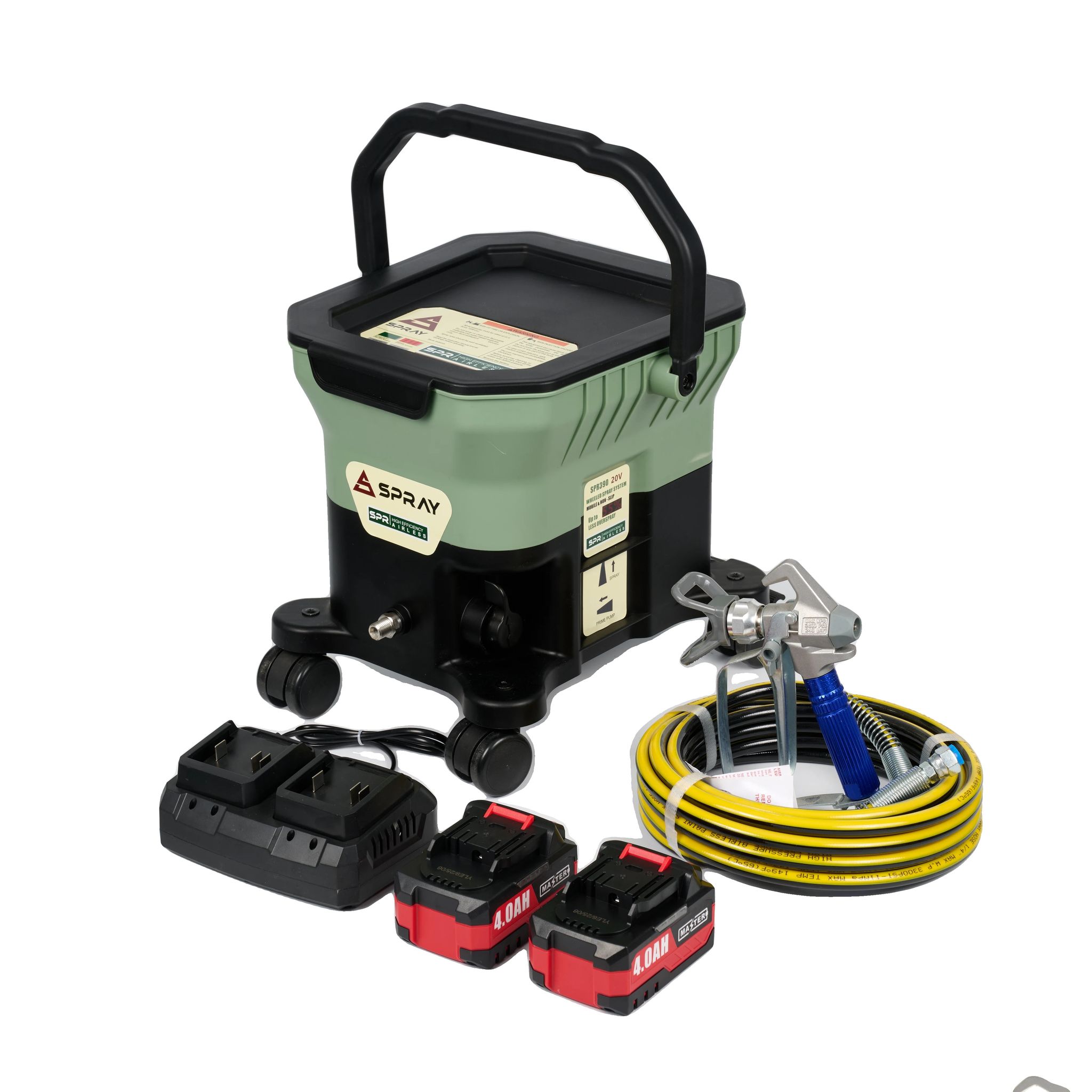 Tragbarer Airless-spritzlackierer, Hochdruckbetrieb, Dual-batteriesystem, Grün