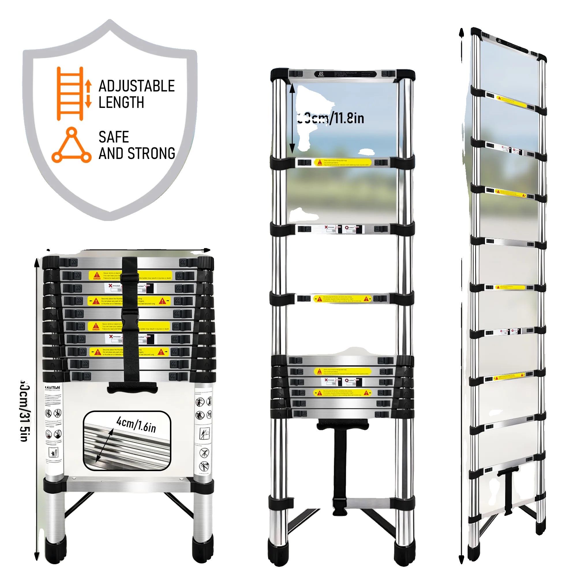 Teleskopleiter, Ausziehbares Design, 150 Kg Tragfähigkeit, 3.2m Kein Haken