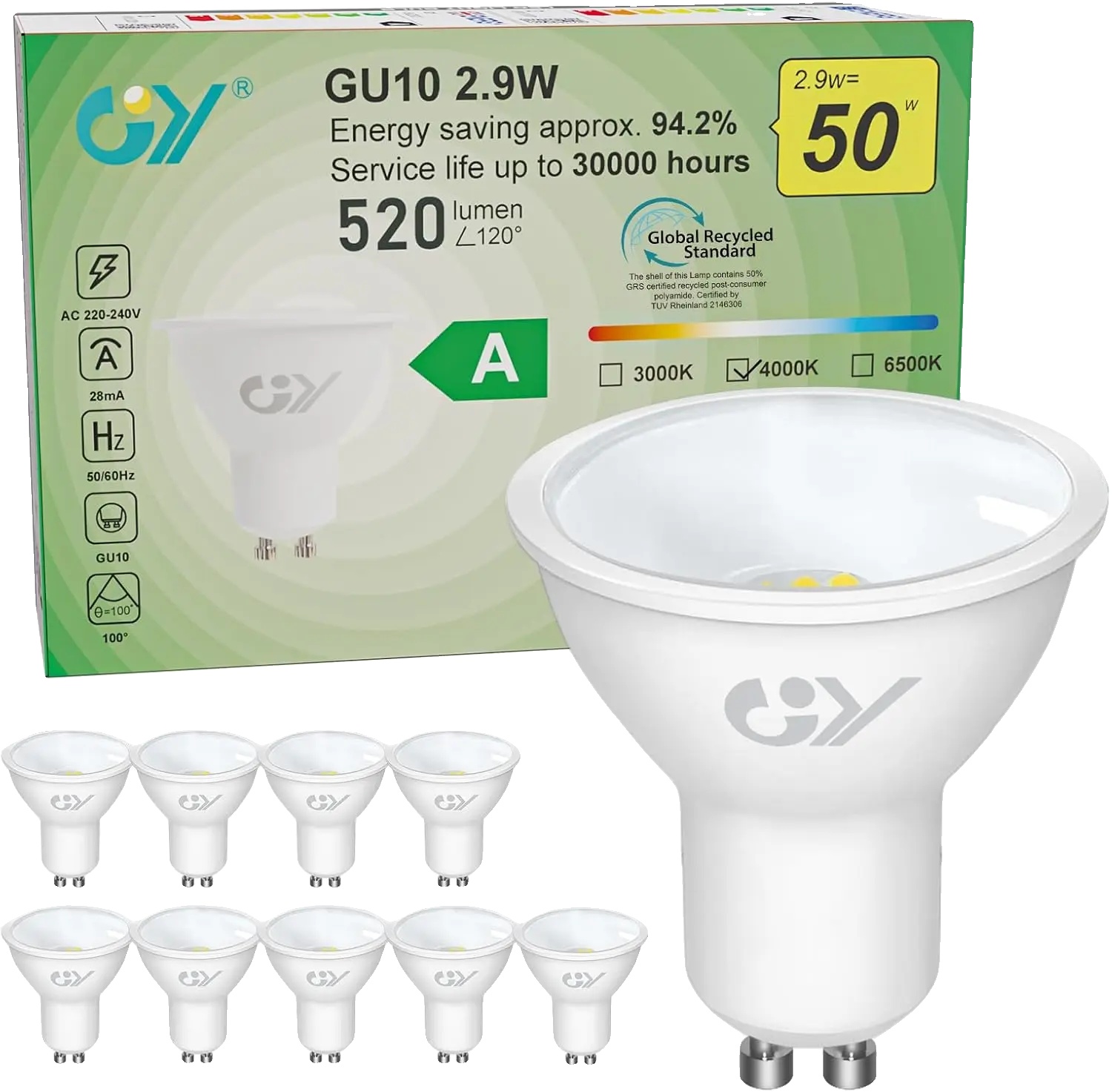 Led-lampe, Energieeffizienzklasse A, 520 Lumen, Natürliches Licht