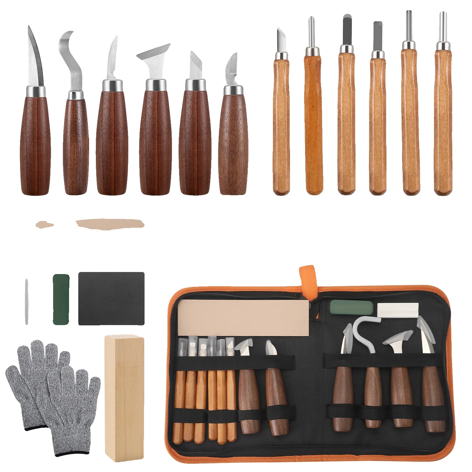 Holzschnitzwerkzeugset, 12 Schnitzmesser, Schnittfeste Handschuhe, Gold
