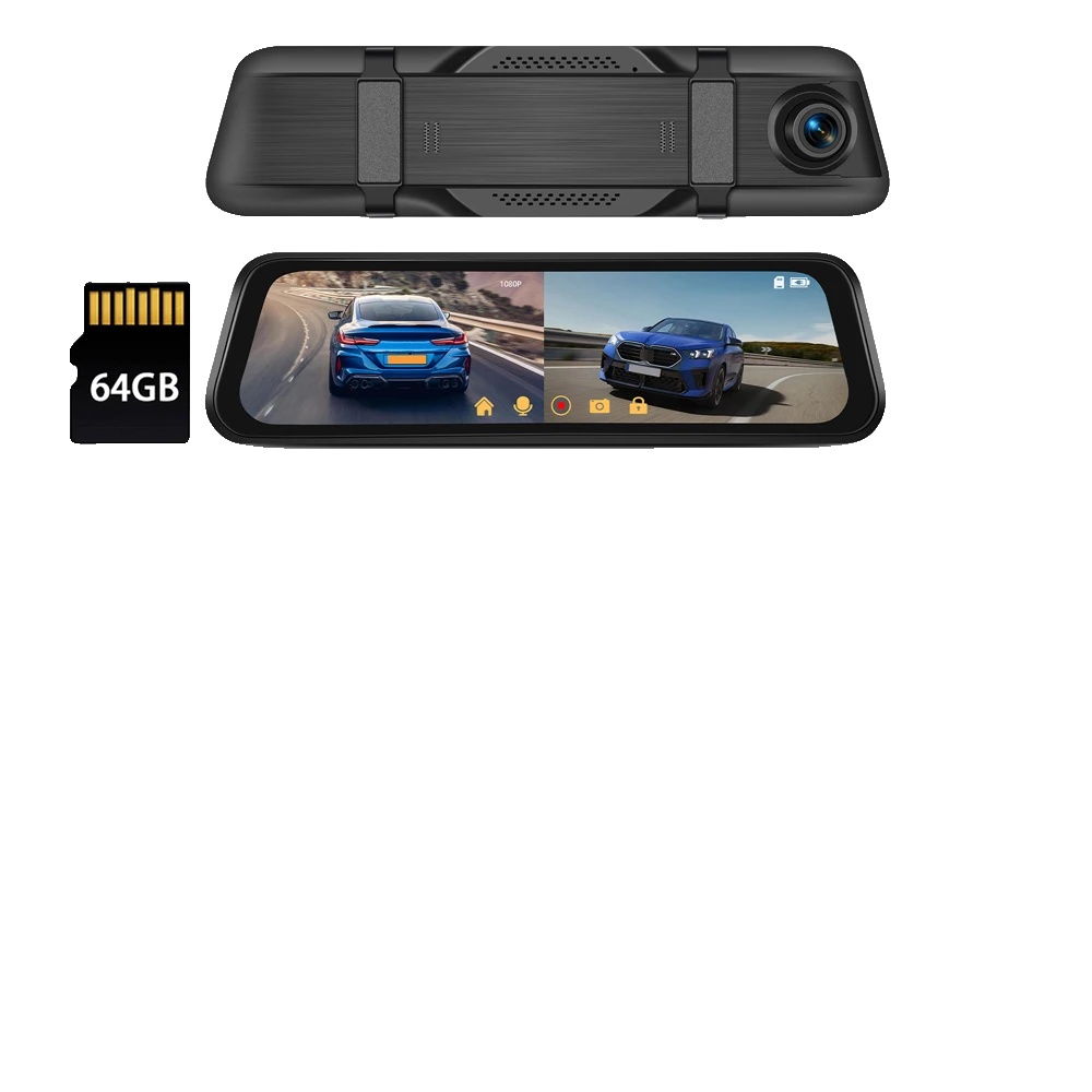 Dashcam, 9,66" Ips-touchscreen, Dual-kamera-setup, Dash Cam 64g Karte