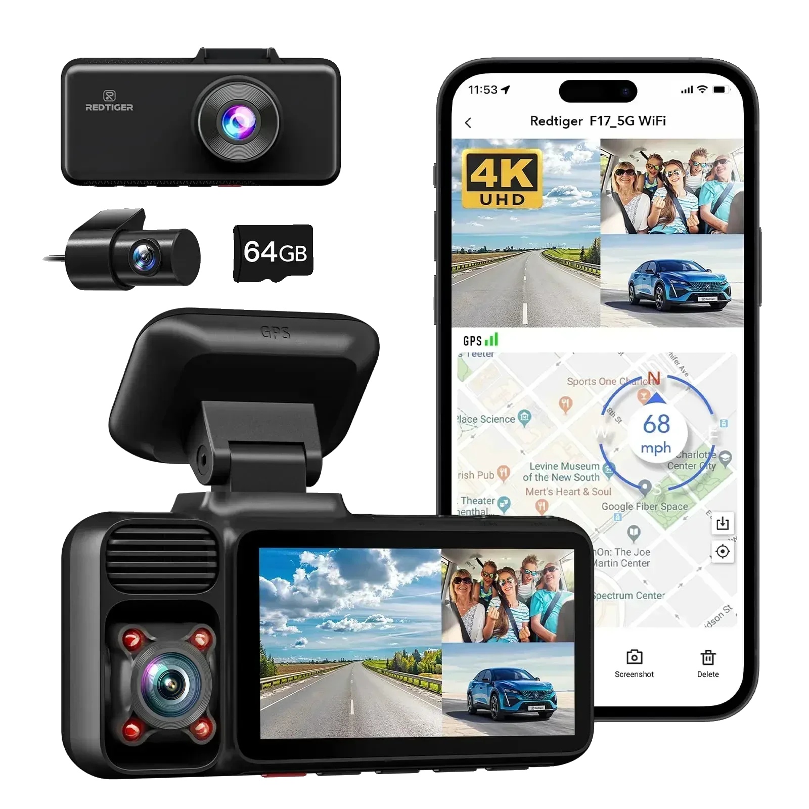 Dashcam, Dual-kamera-system, 4k-auflösung, Kein Hw-kit, 64g