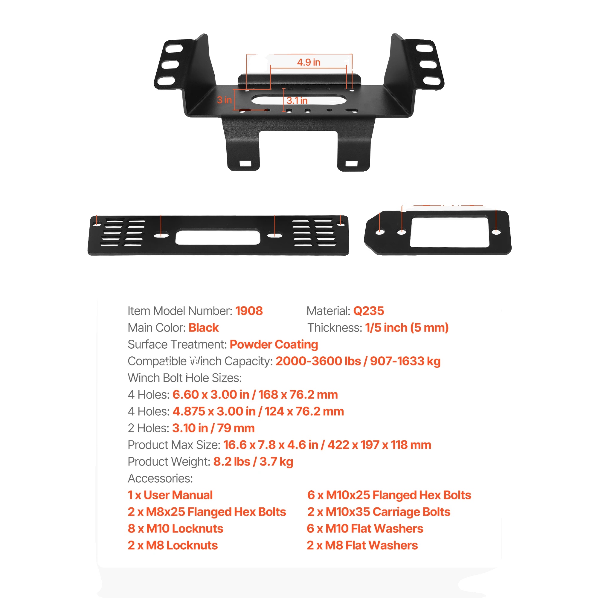 Windenmontage, Pulverbeschichtet, Für Polaris Ranger Modelle, 2000-3600 Lbs
