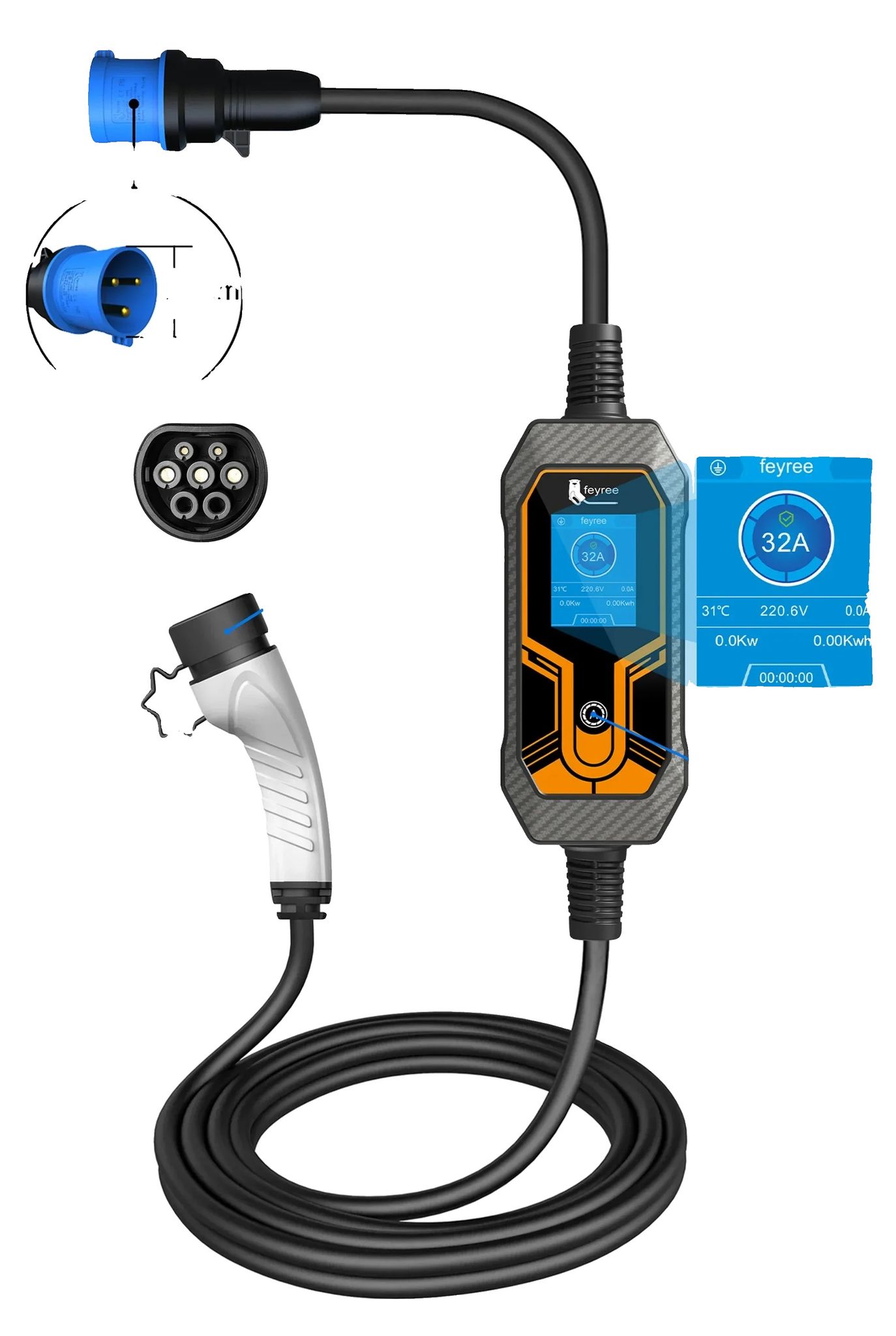 Ev-ladegerät, 7kw, 32a, Tragbares Ladegerät, Ip65, 5m Kabel
