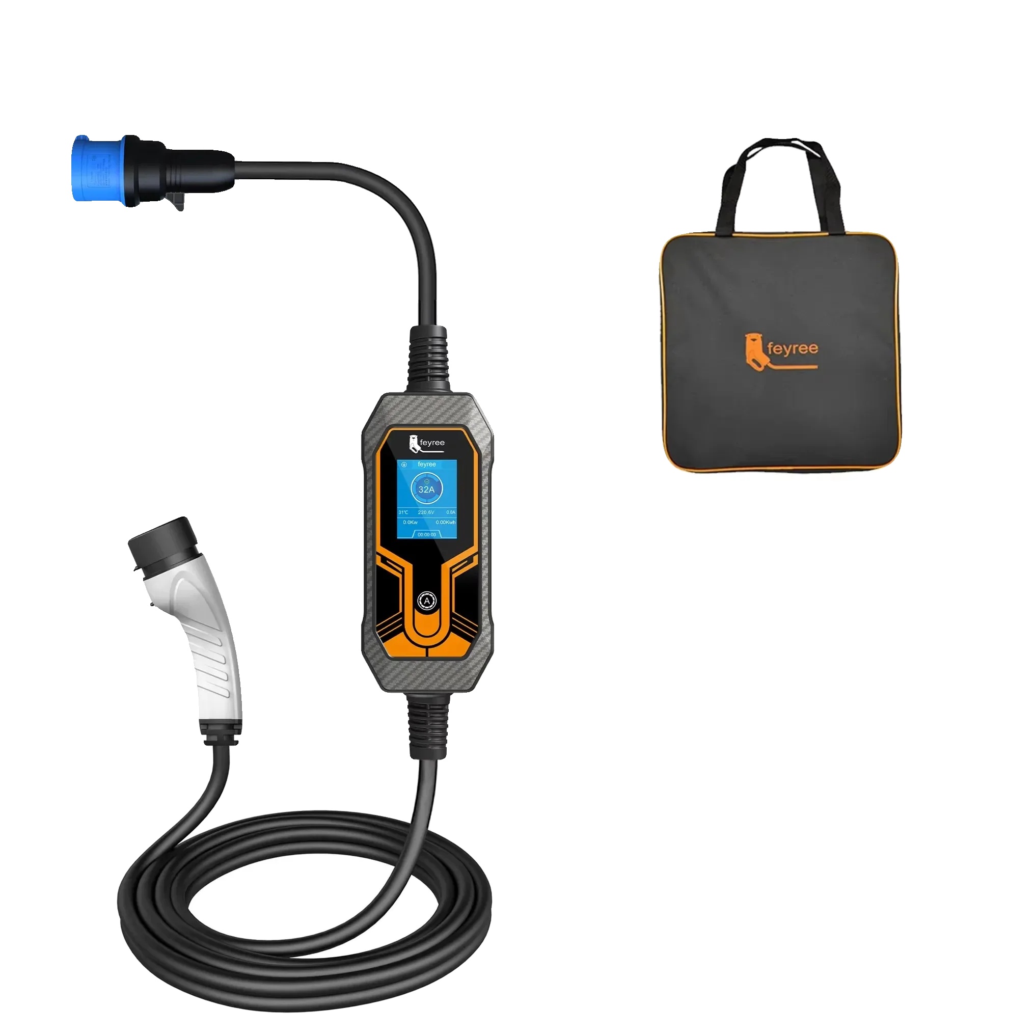 Tragbares Ev-ladegerät, 7 Kw Leistung, 32 A Strom, 5 M Kabellänge, Ip65 Bewertung, Betriebstemperatur -30 °c Bis +55 °c