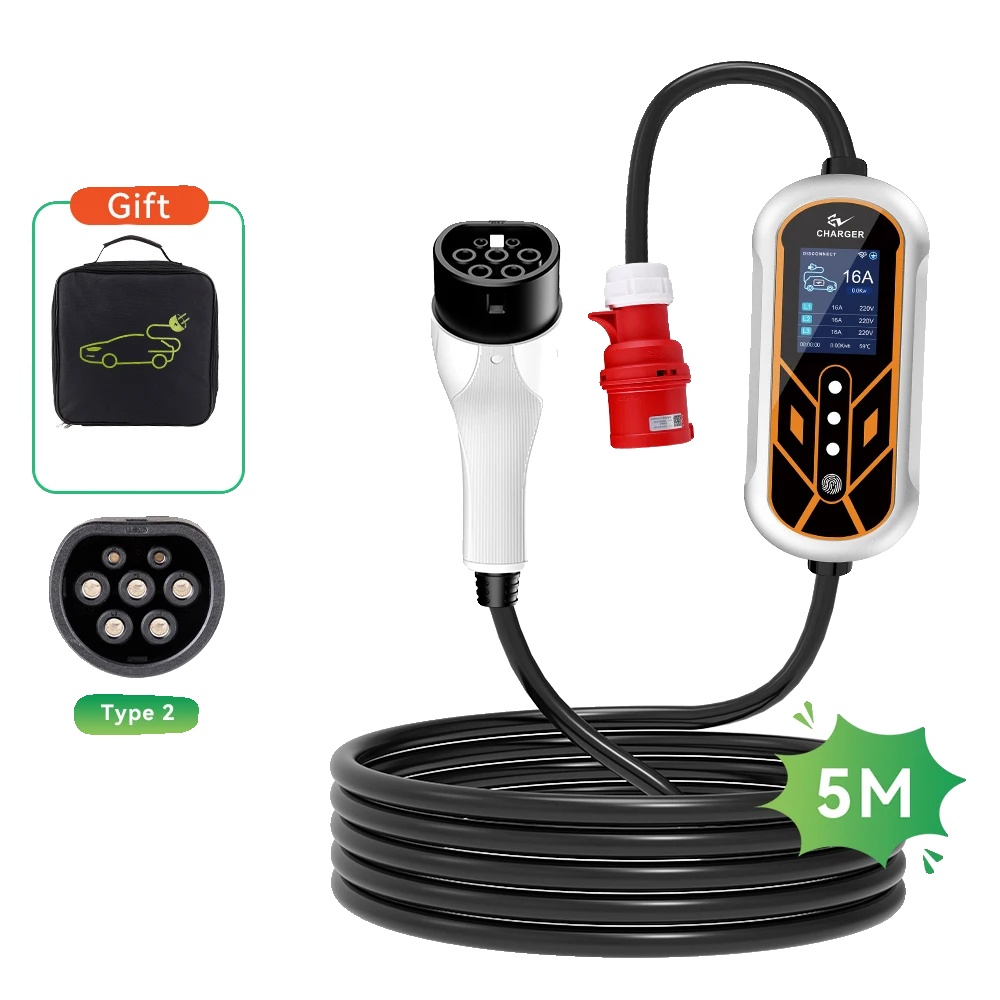 Tragbares Ev-ladegerät, 5m Kabel, Einstellbare Stromoptionen, 11kw 16a 5m, Typ2