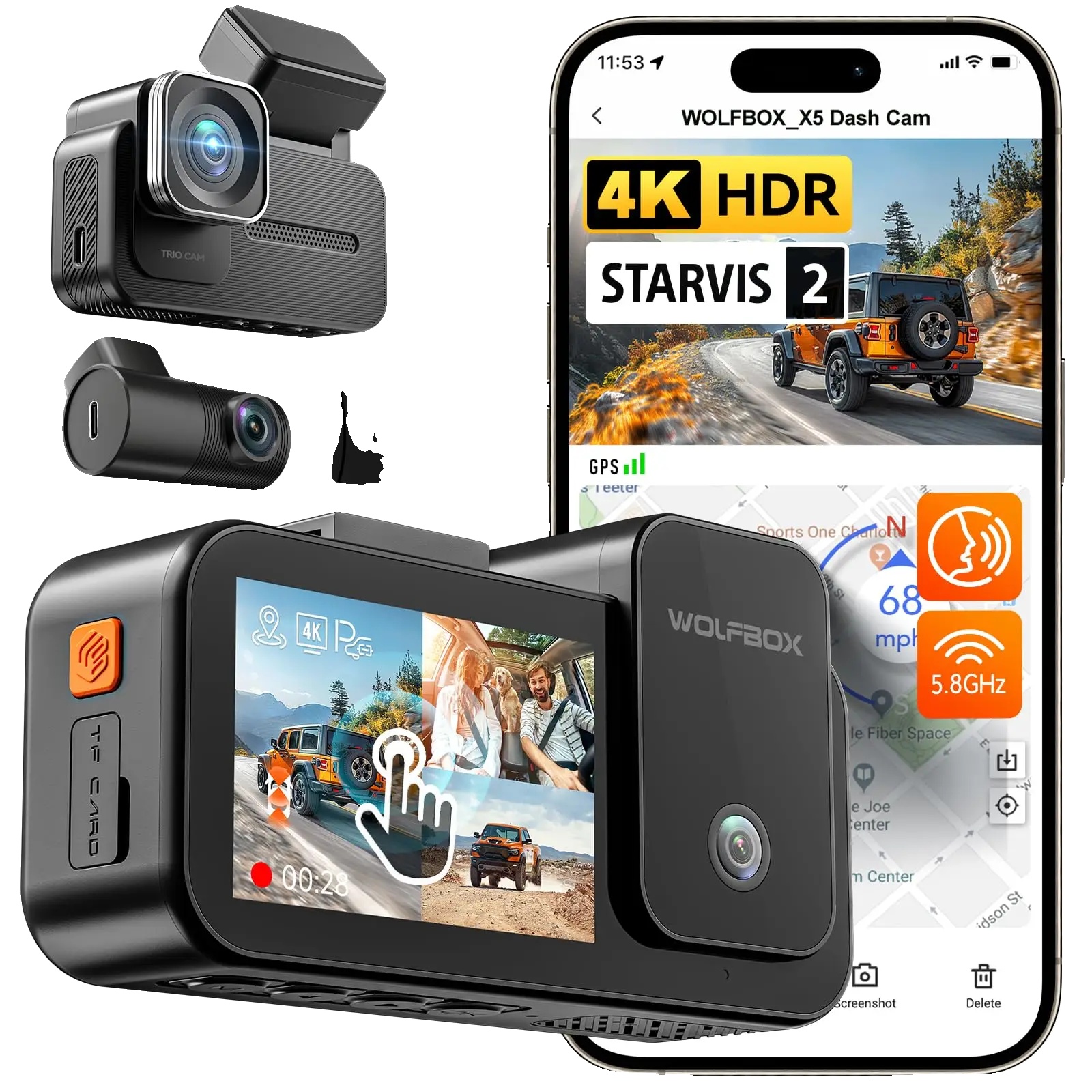 Dashcam, 4k-auflösung, Dreikamerasystem, X5 Kein Hw Kit, Kostenlos 128g Tf