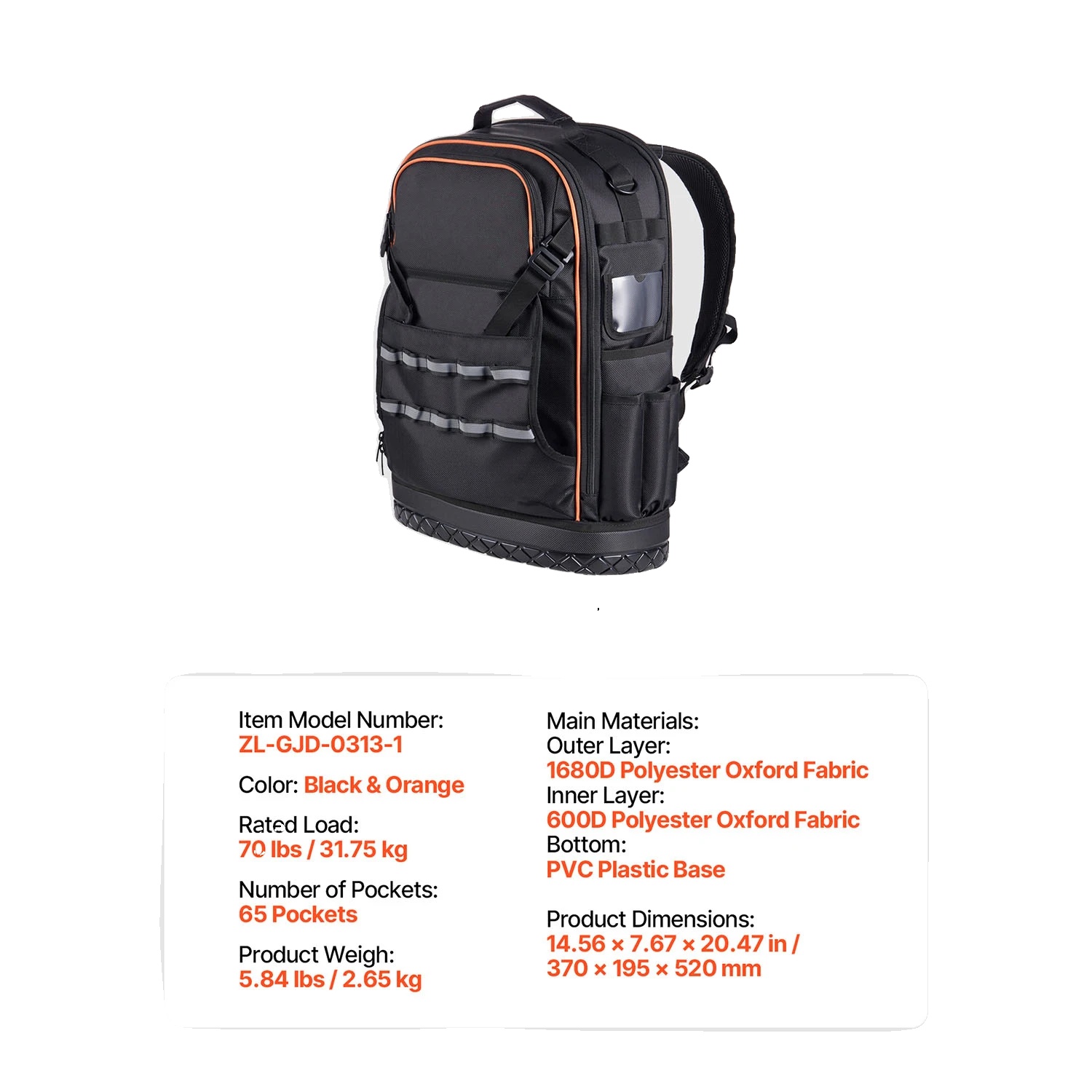 Werkzeug-rucksack, 65 Taschen, Wasserabweisendes Material, 14-16zoll