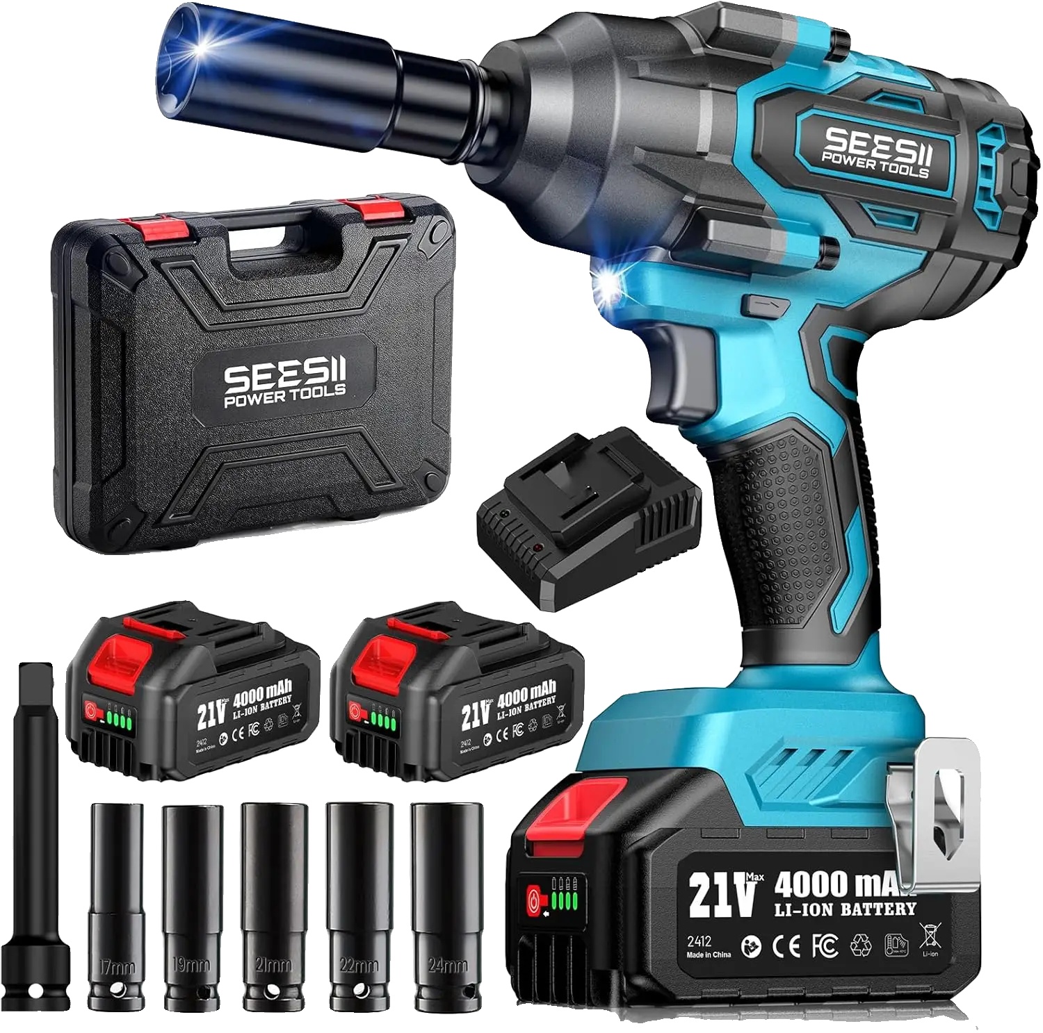 Schlagschrauber, 800 Nm Drehmoment, 1000 Nm Lockerungsdrehmoment, 2400 U/min, 2300 Ipm, Dual 21v 4.0 Ah Batterien