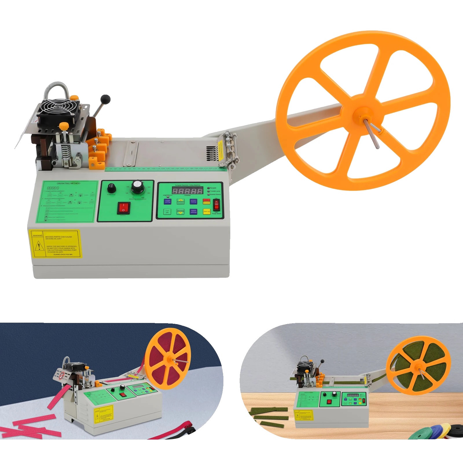 Gurtband-schneidemaschine, 500w, Klingenbreite 110mm, Schneidstärke 1-5mm, Abmessungen 48cm X 33cm X 31cm, Lcd-display