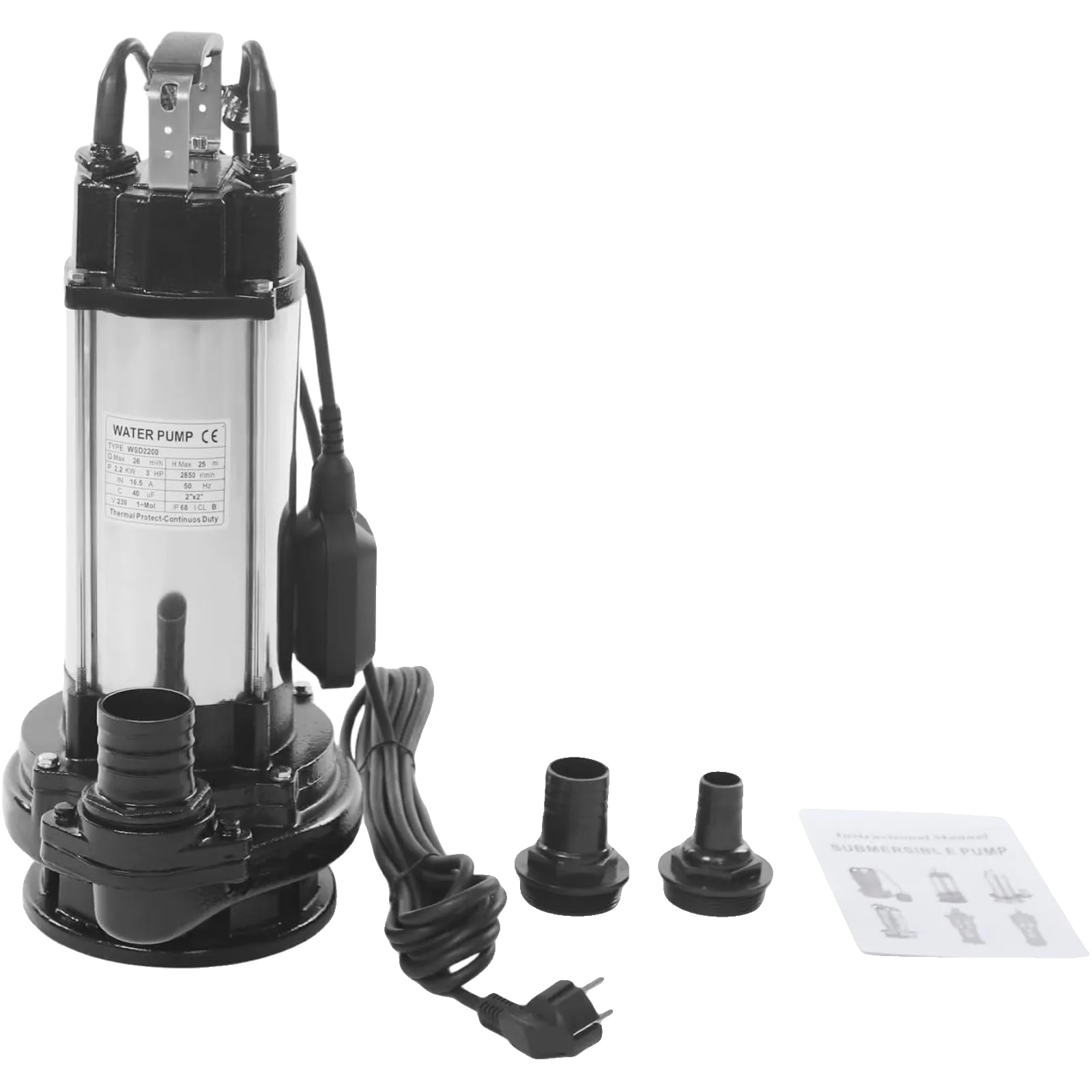 Abwasserpumpe, 2200 W, Fördermenge 26 M³/h, Maximale Förderhöhe 25 M, Spannung 230v, Schutzart Ip68
