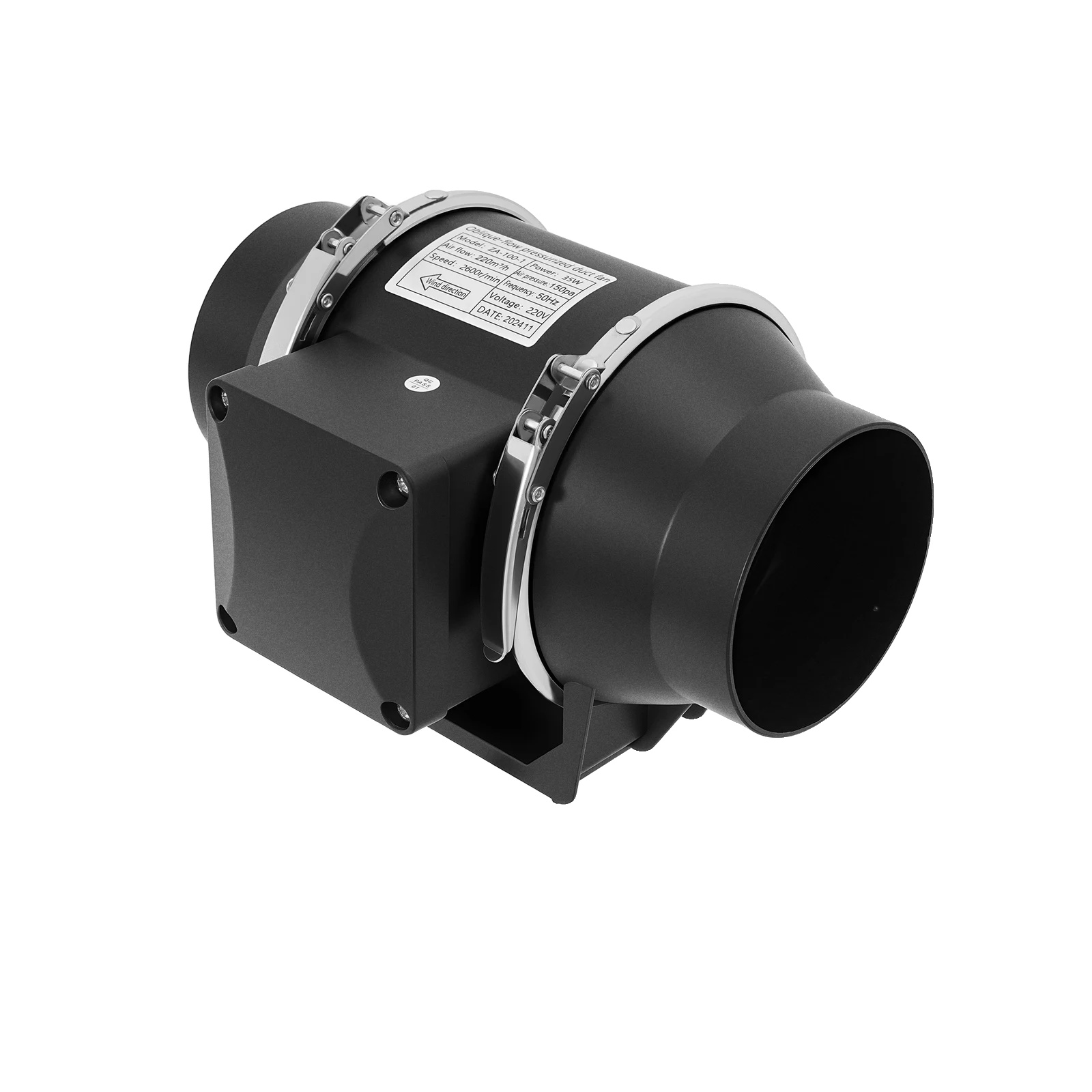 Abluftkanalventilator, Niedrige Geräuschentwicklung, Hohe Luftstromleistung, Schwarz